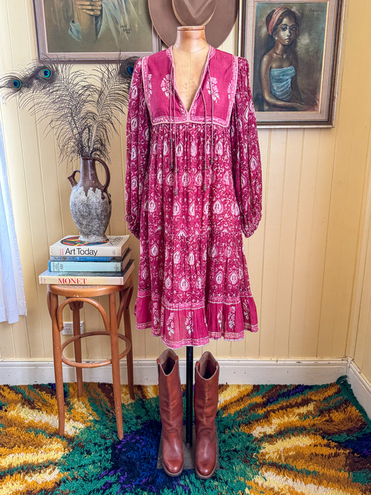 VINTAGE 1970S RARE ADINI INDIAN COTTON GAUZE MIDI DRESS S