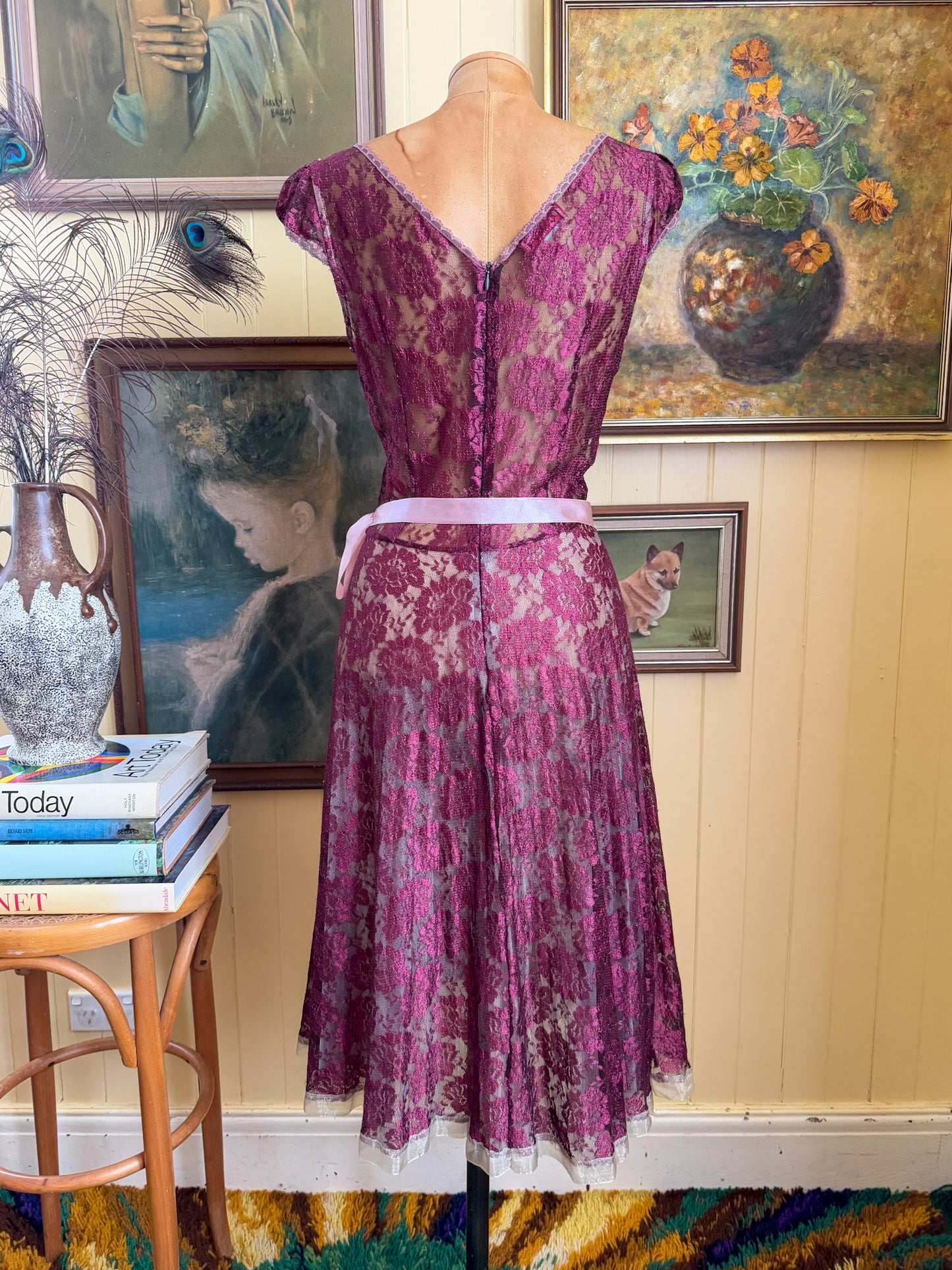 VINTAGE 1990S AUSTRALIAN REVIEW SHEER LACE TULLE RIBBON MIDI DRESS S