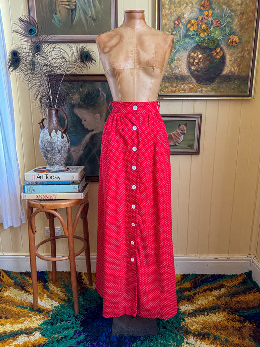 VINTAGE 1970S WRAGGS COTTON POLKA DOT BUTTON THROUGH MAXI SKIRT XS/S