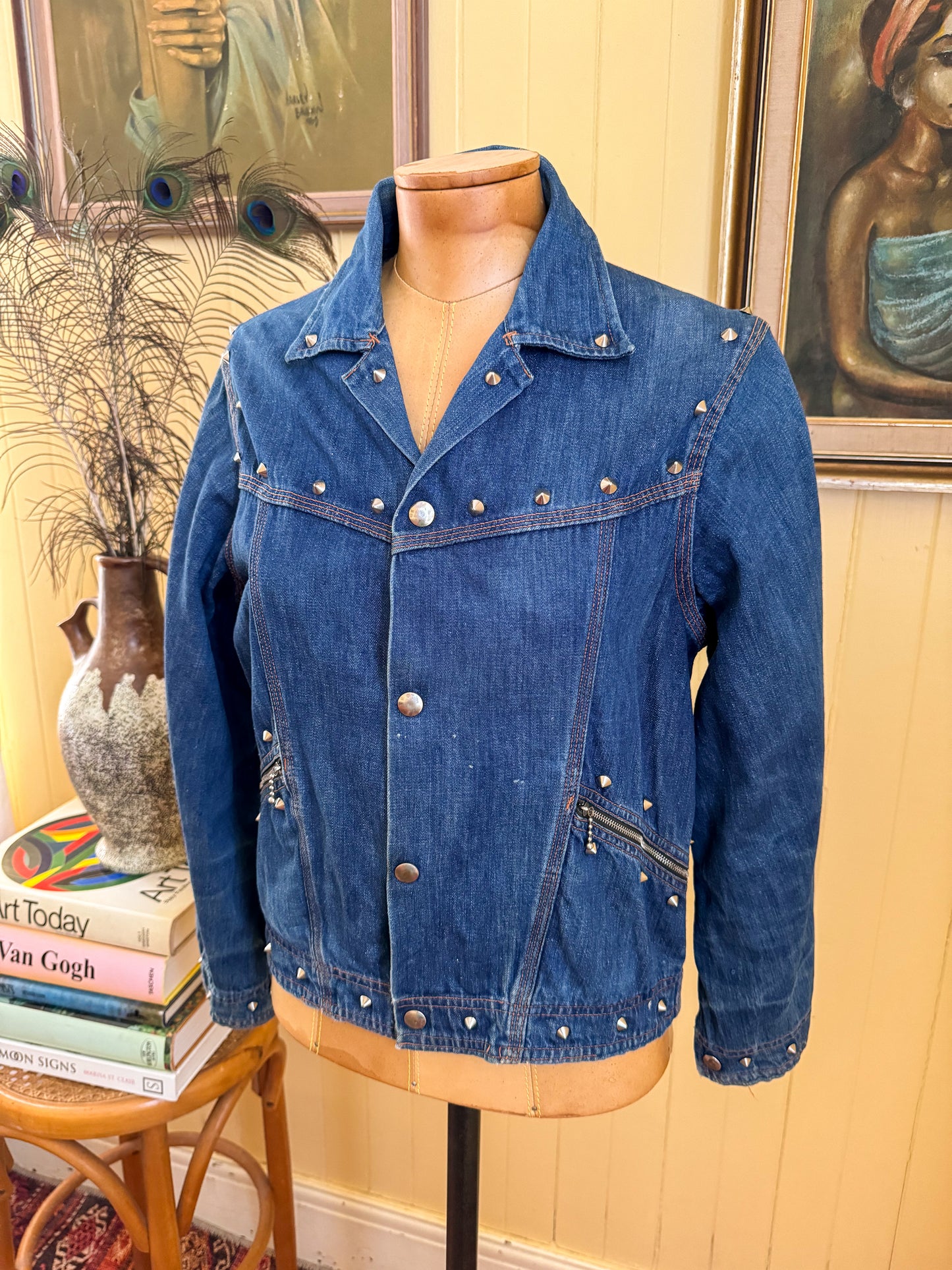 VINTAGE 1970S AMCO COTTON DENIM STUDDED CROPPED JACKET S