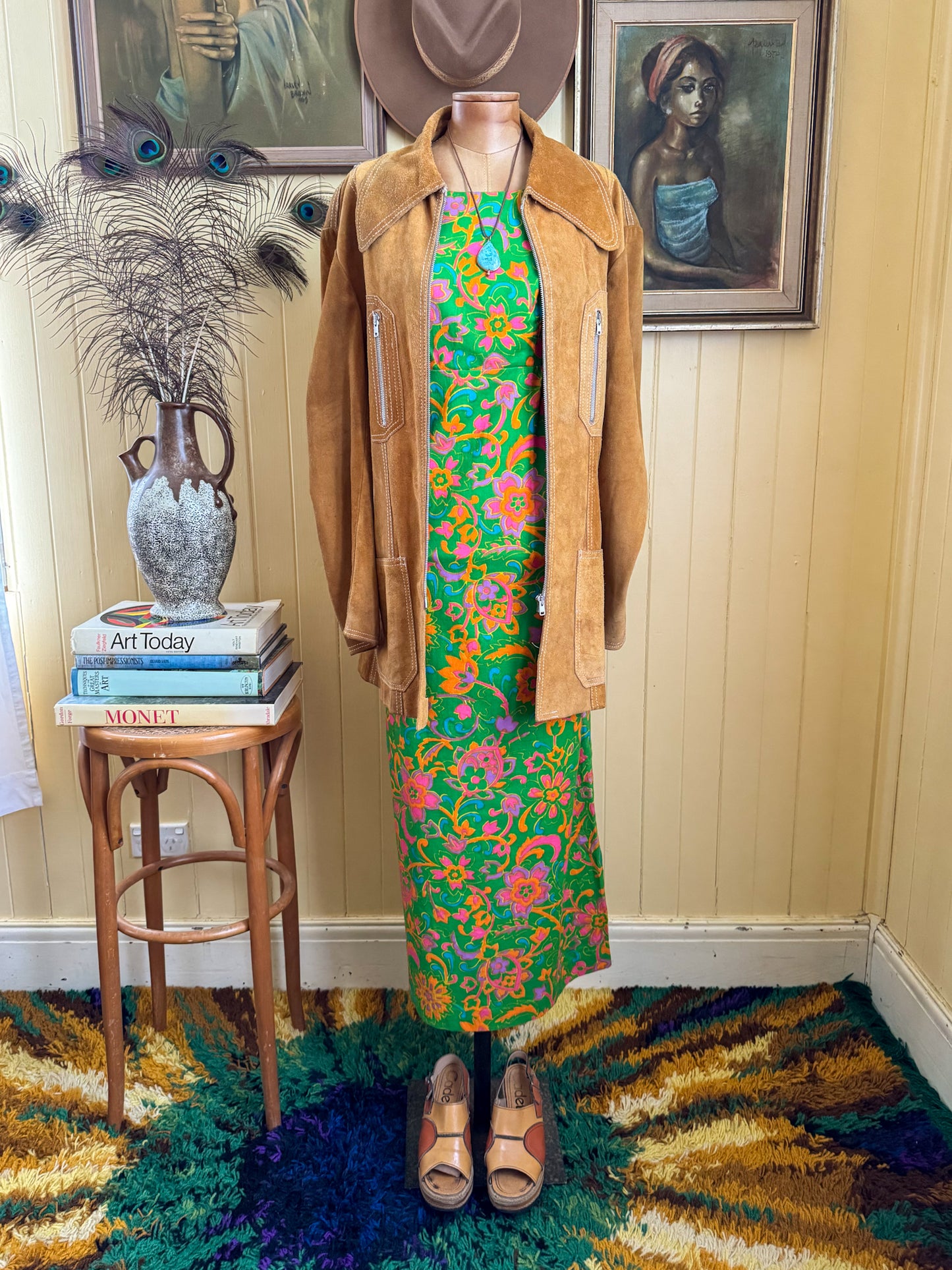 VINTAGE 1970S HANDMADE COTTON PSYCHEDELIC FLORAL PRINT COLUMN MAXI DRESS M