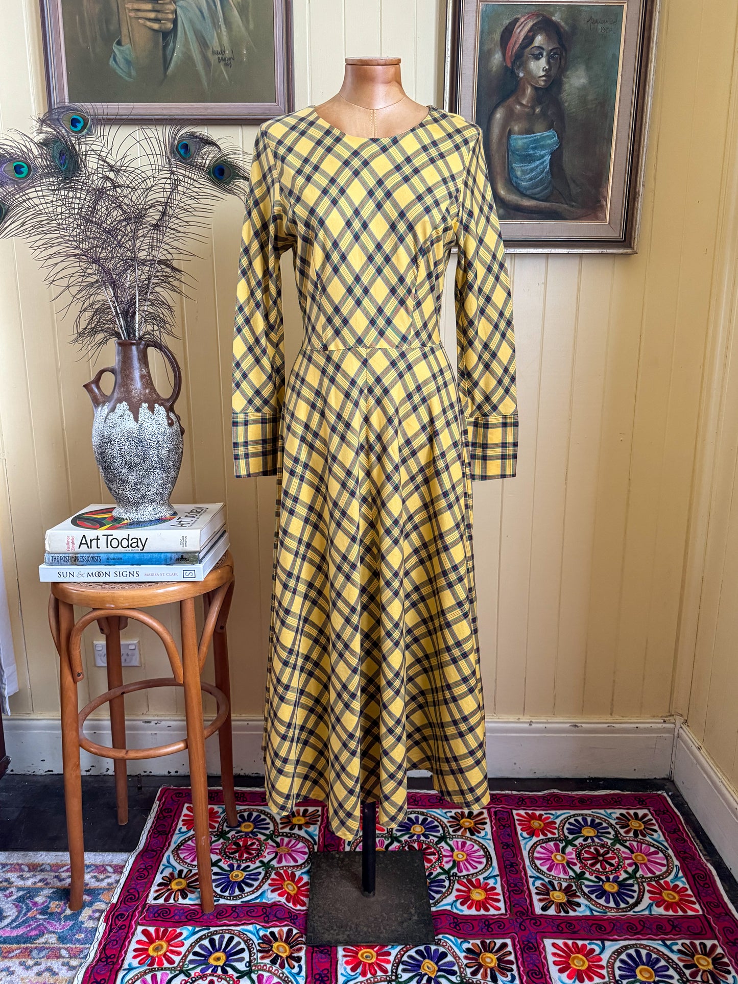 VINTAGE 1980S NORMA KAMALI JAPANESE COTTON PLAID MIDI DRESS S