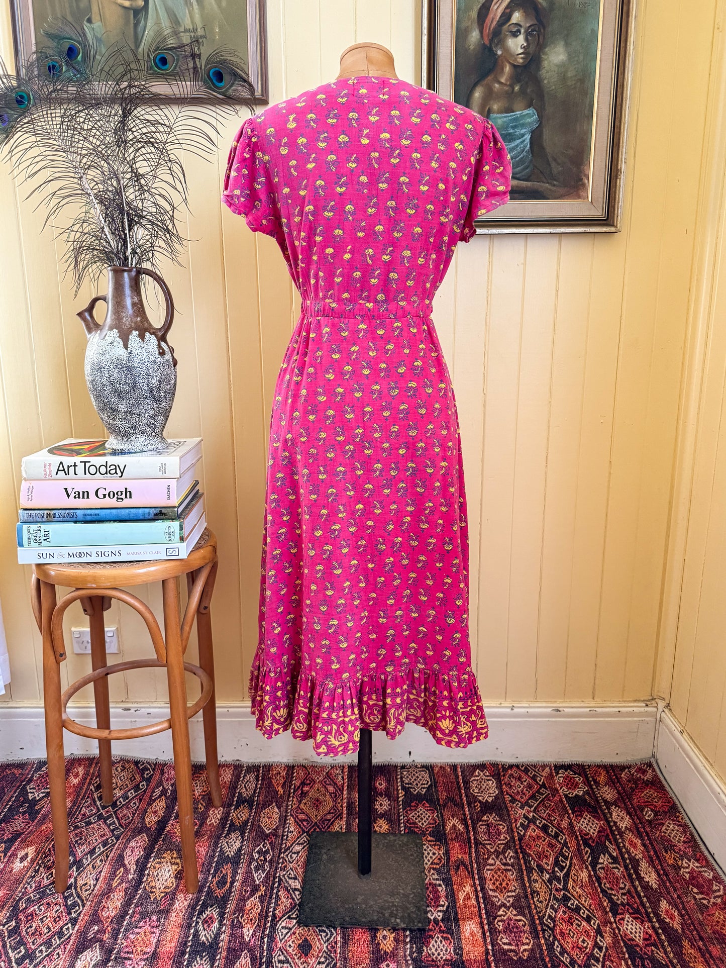 VINTAGE 1970S INDIAN COTTON BLOCK PRINT MIDI DAY DRESS S/M