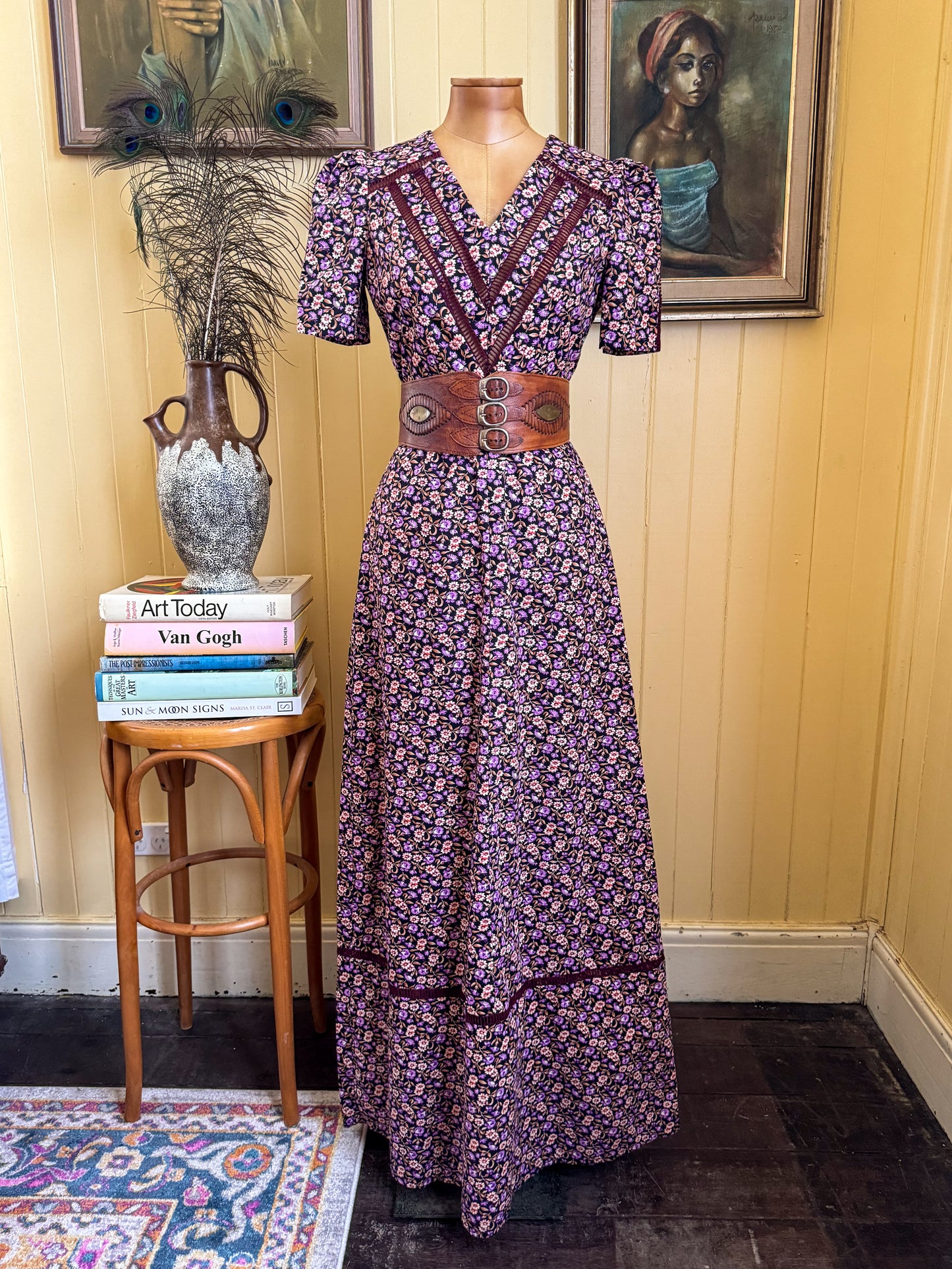 VINTAGE 1970S COTTON FLORAL PRINT PRAIRIE MAXI DRESS XS