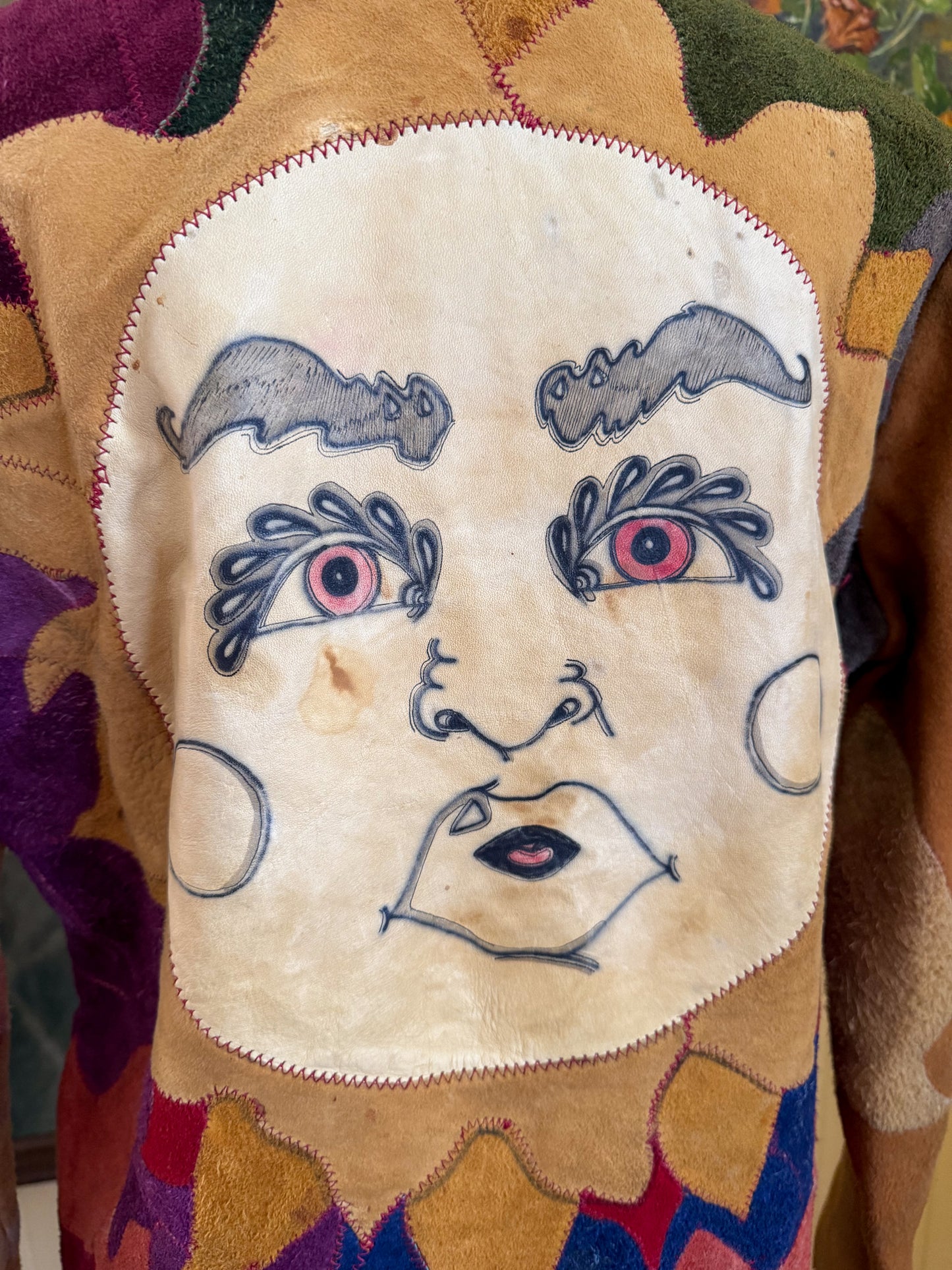 VINTAGE 1970S RARE BURRAY OLSON HAND PAINTED SUN PATCHWORK SUEDE LEATHER JACKET M