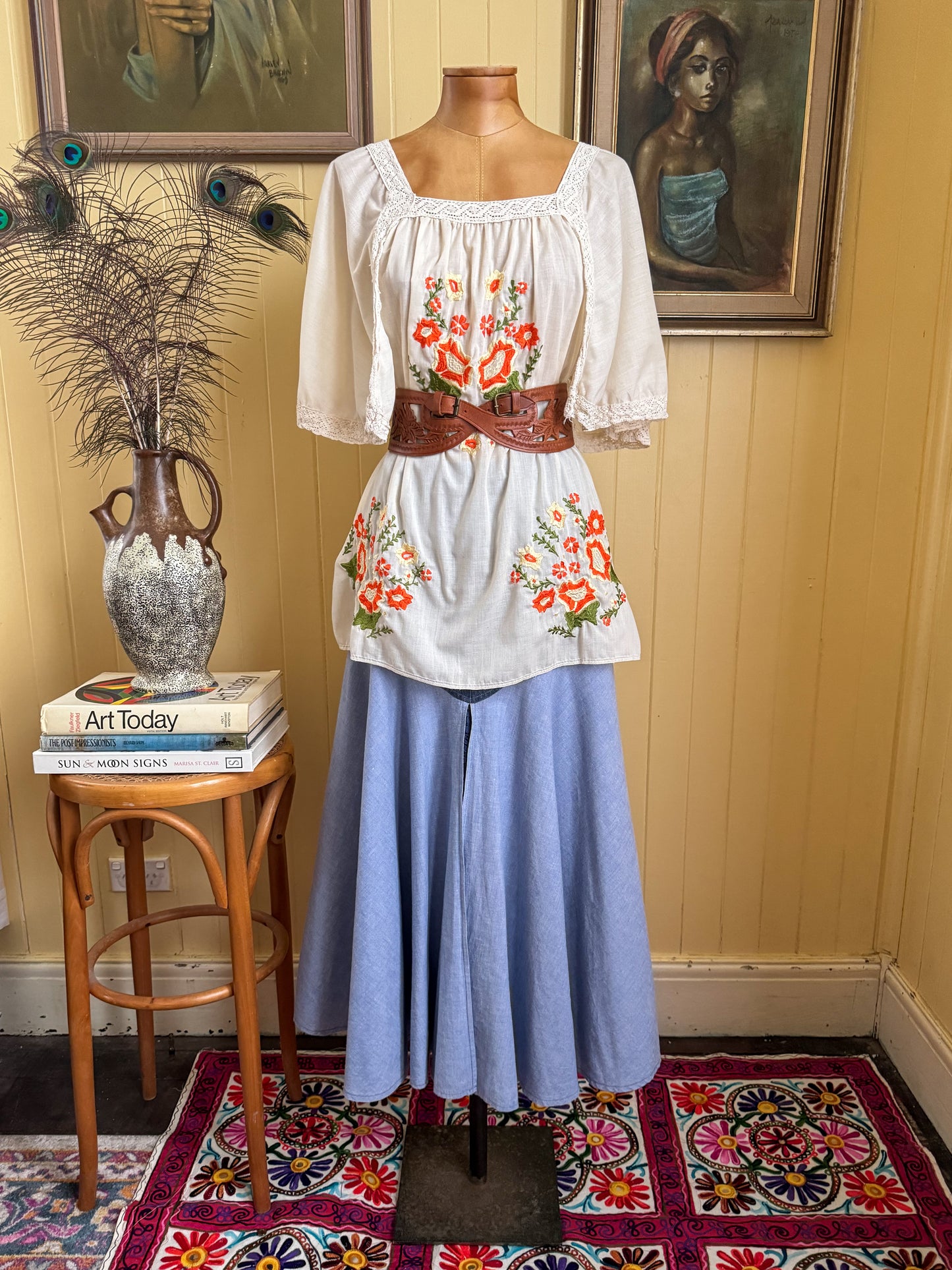 VINTAGE 1970S SALLY BROWNE DENIM + LACE MIDI SKIRT XS/S