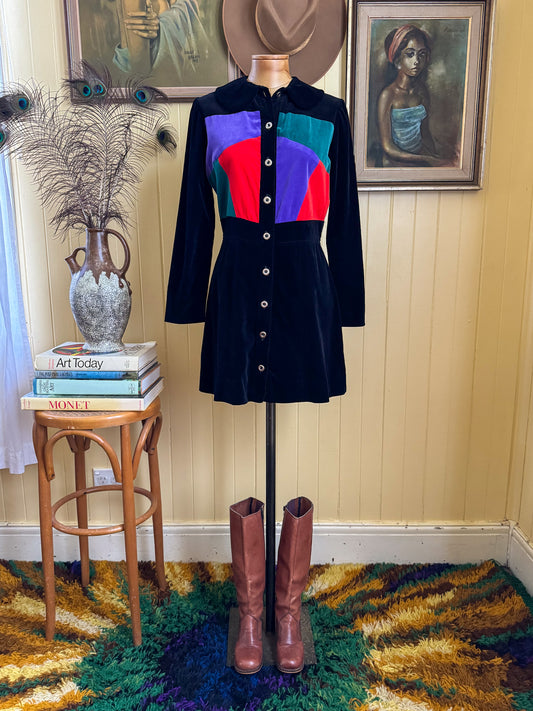 VINTAGE 1970S EMMA COTTON VELVET COLOUR BLOCK MINI DRESS S