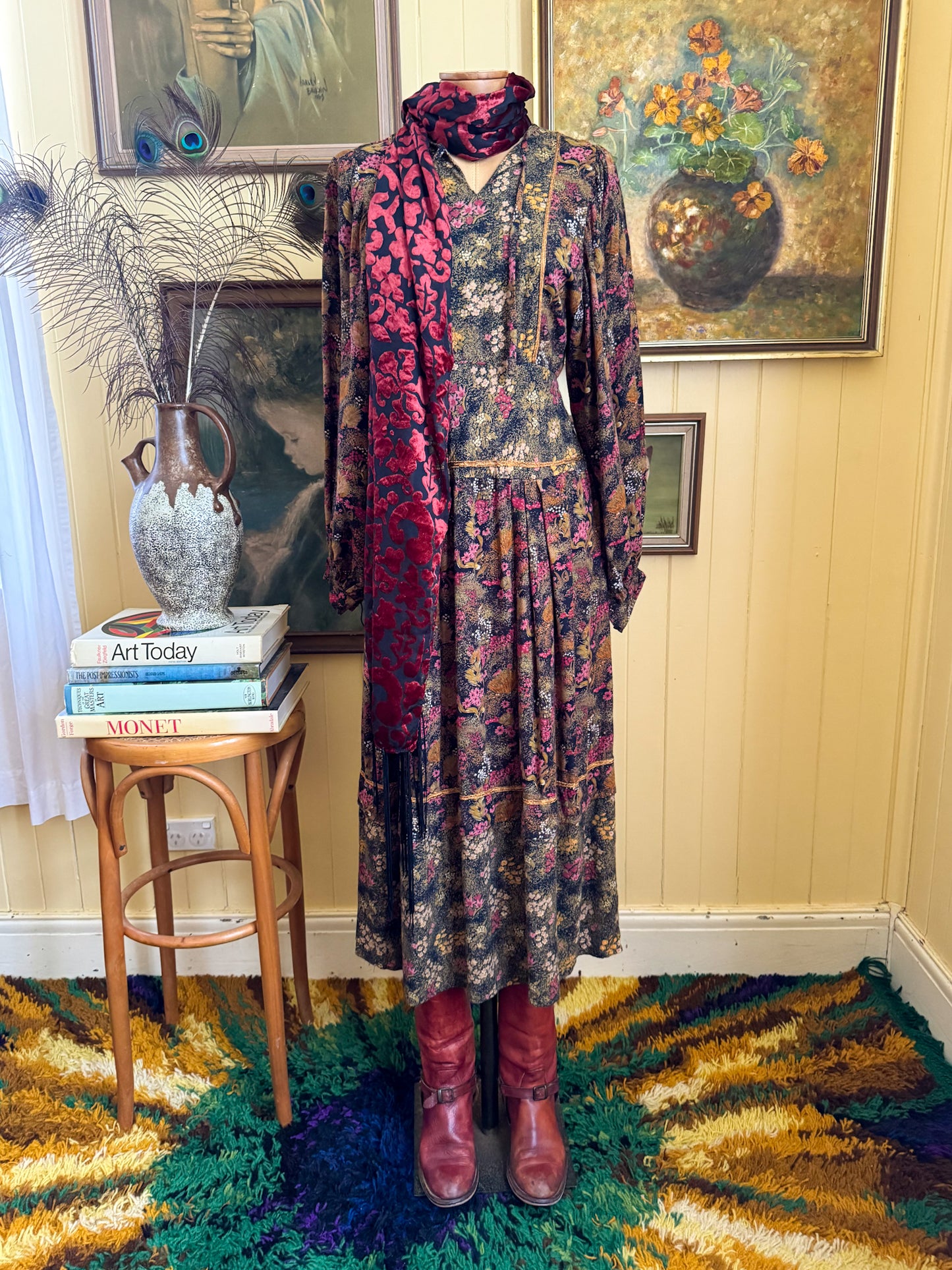 VINTAGE 1970S RAYON FLORAL PRINT BALLOON SLEEVE MIDI PRAIRIE DRESS XS/S