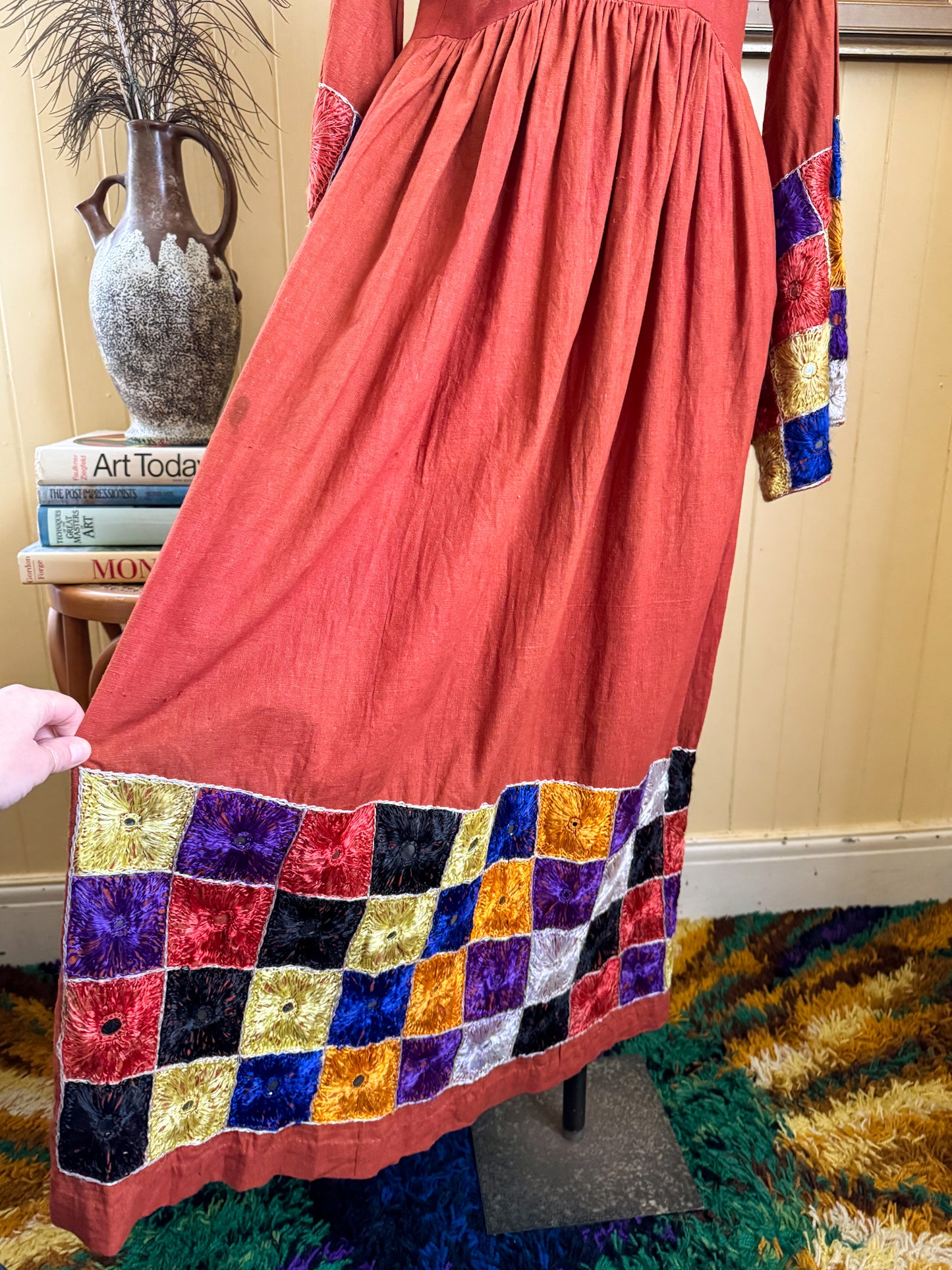 VINTAGE 1960S RARE INDIAN COTTON EMBROIDERED MIRRORS MAXI DRESS S