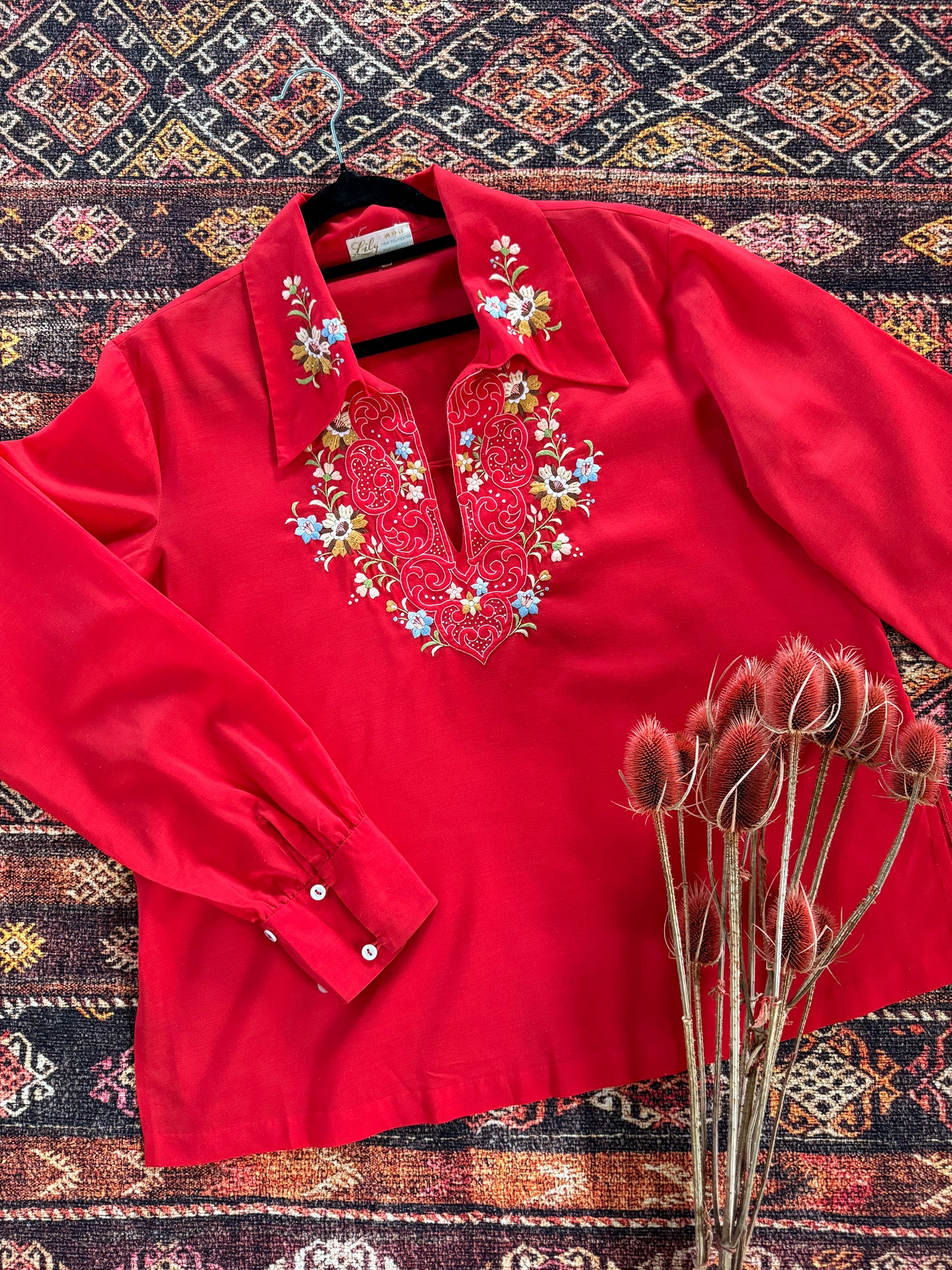 VINTAGE 1980S RED VISCOSE BLEND EMBROIDERED PEASANT BLOUSE L