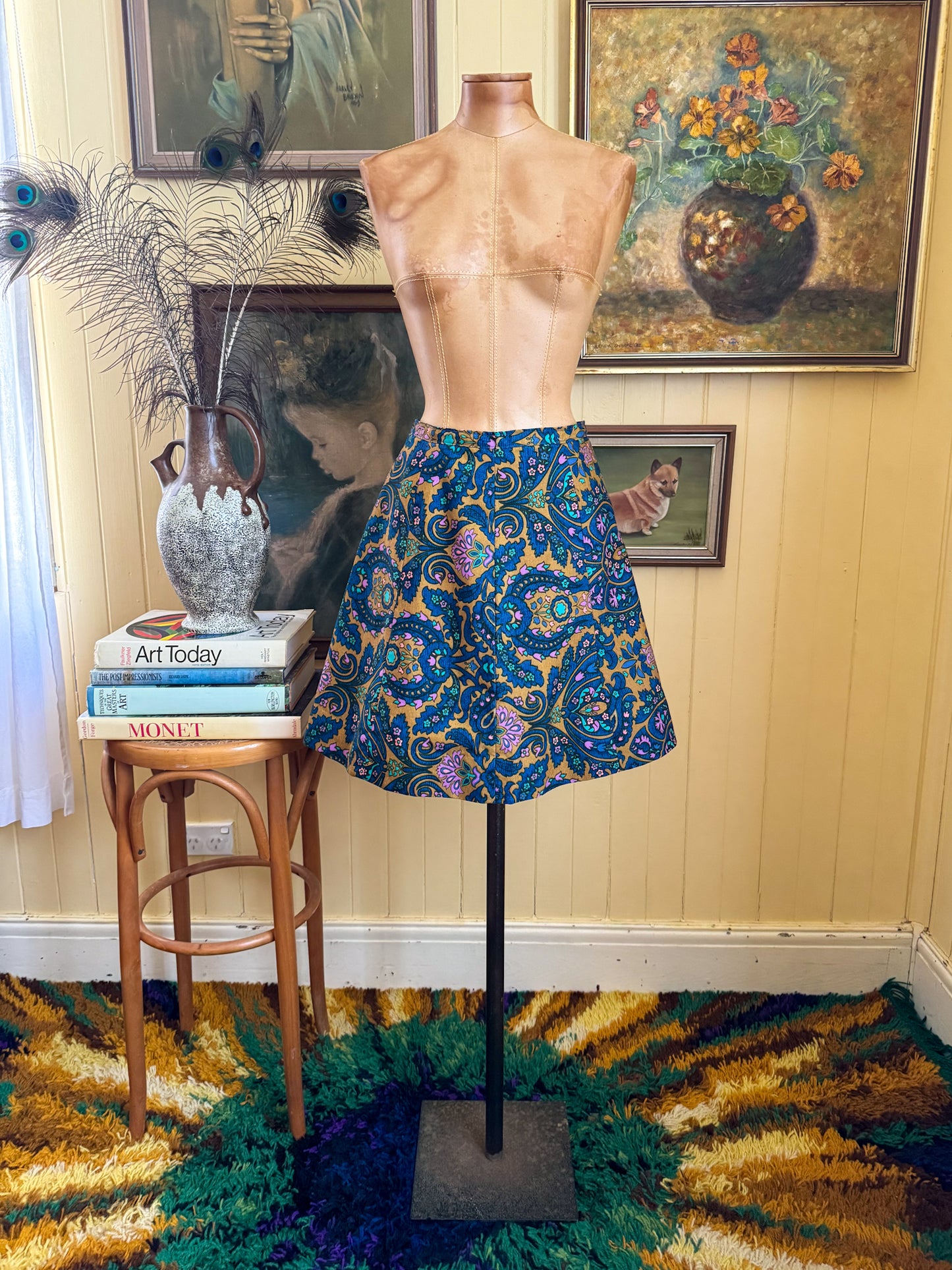 VINTAGE 1970S HANDMADE COTTON PAISLEY PRINT A-LINE MINI SKIRT S/M