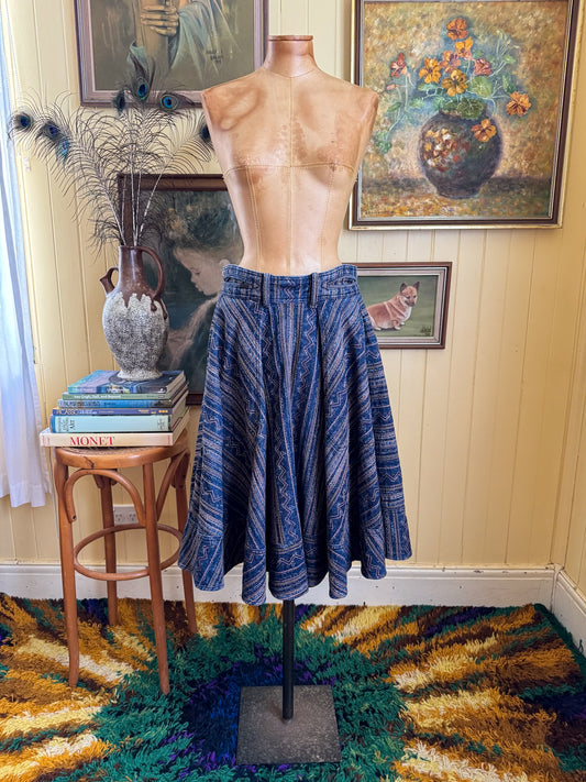 VINTAGE Y2K DIESEL COTTON BLEND DENIM EMBROIDERED CIRCLE MIDI SKIRT M/L