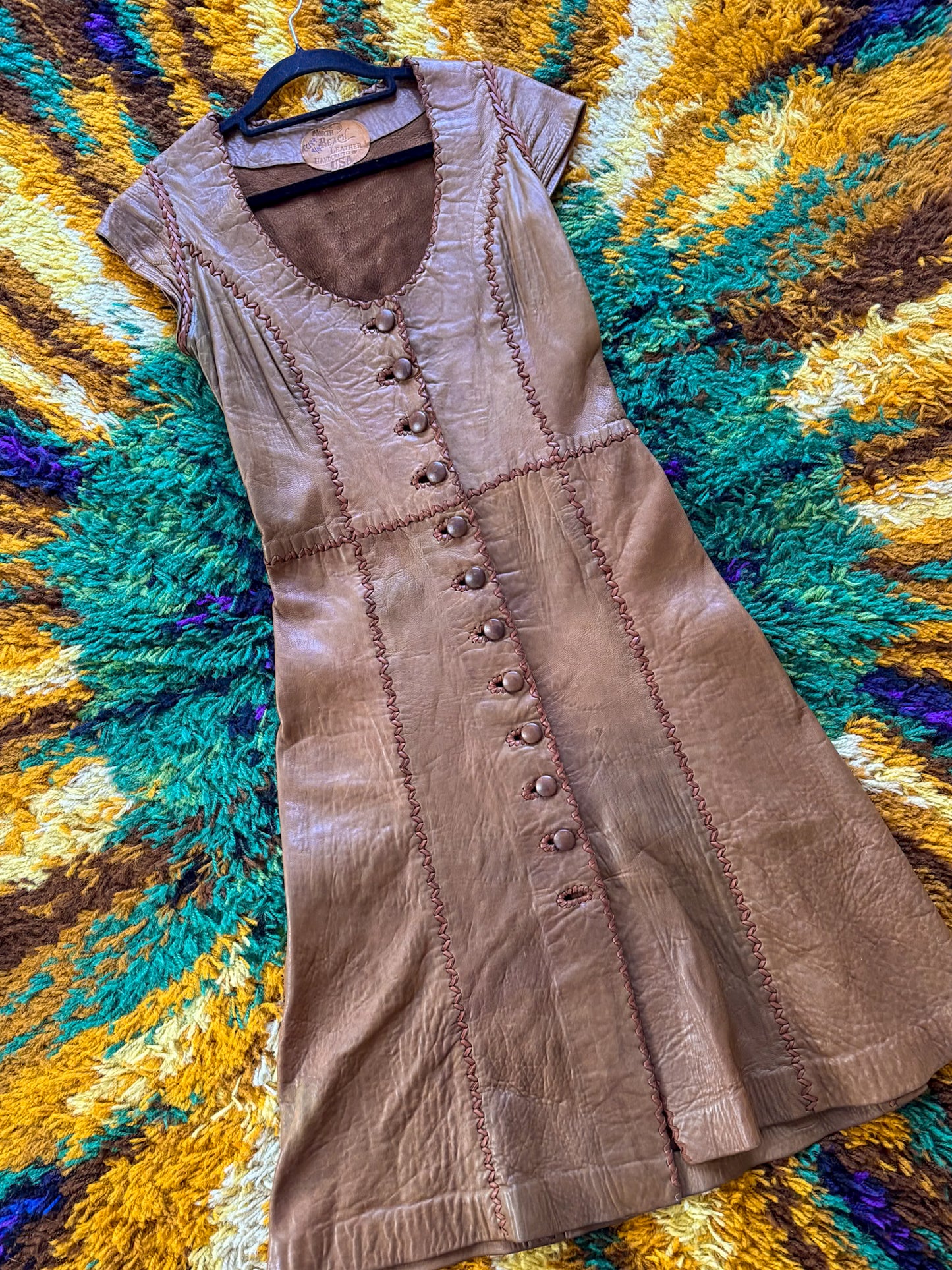 VINTAGE 1970S RARE ICONIC NORTH BEACH LEATHER WHIPSTITCH MIDI DRESS XS
