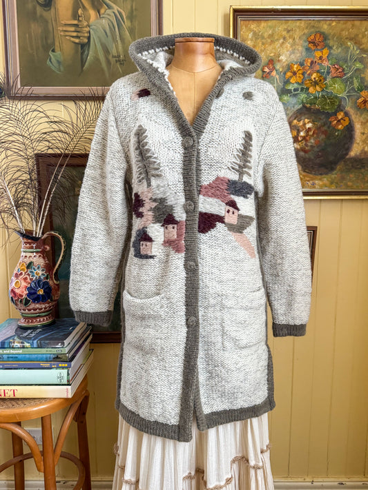 VINTAGE HANDMADE WOOL APPLIQUÉ HOODED KNIT COTTAGECORE CARDIGAN COAT S/M