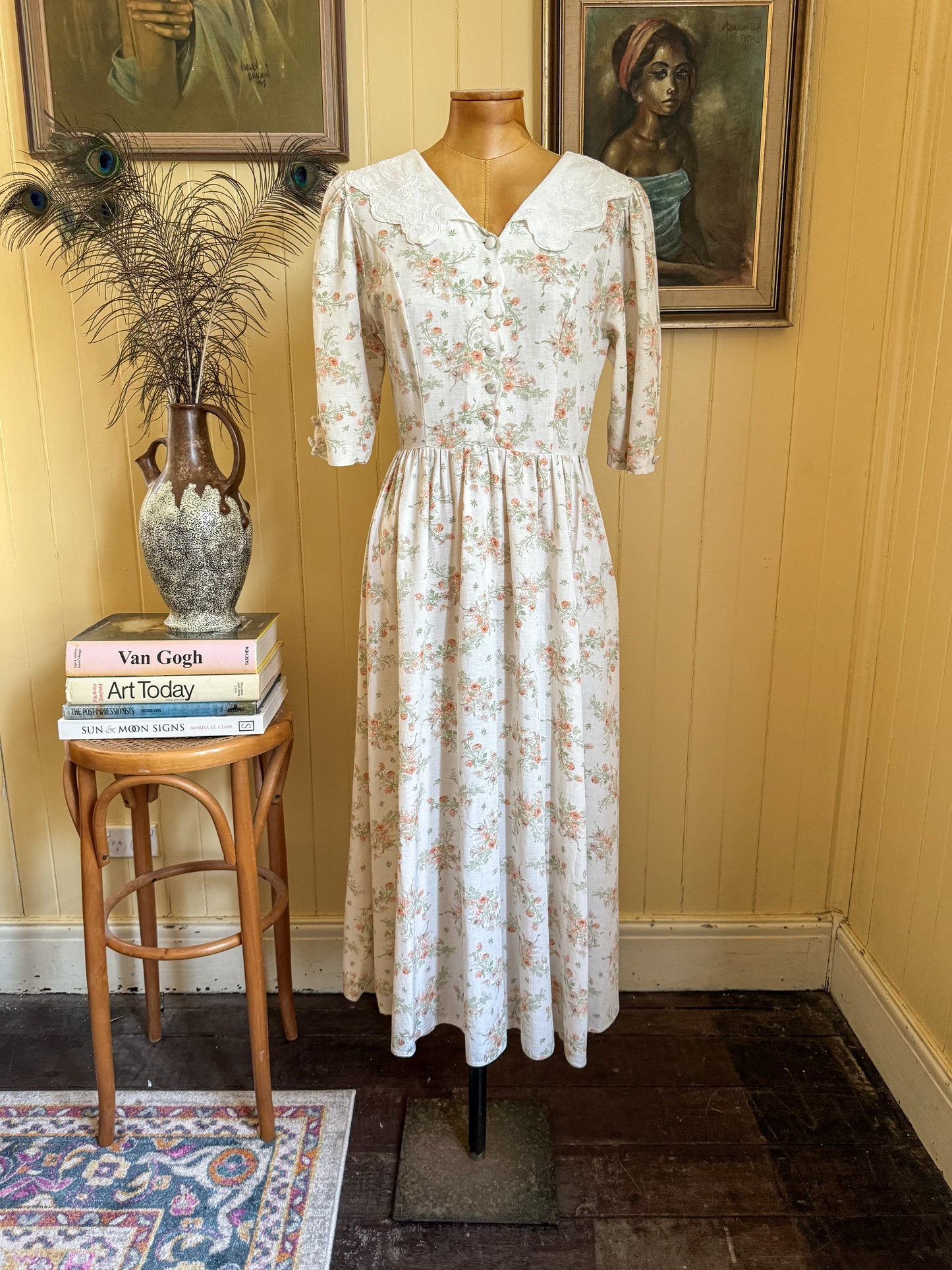 VINTAGE 1980S LAURA ASHLEY ENGLISH LACE COLLAR FLORAL PRINT PRAIRIE DRESS XS/S