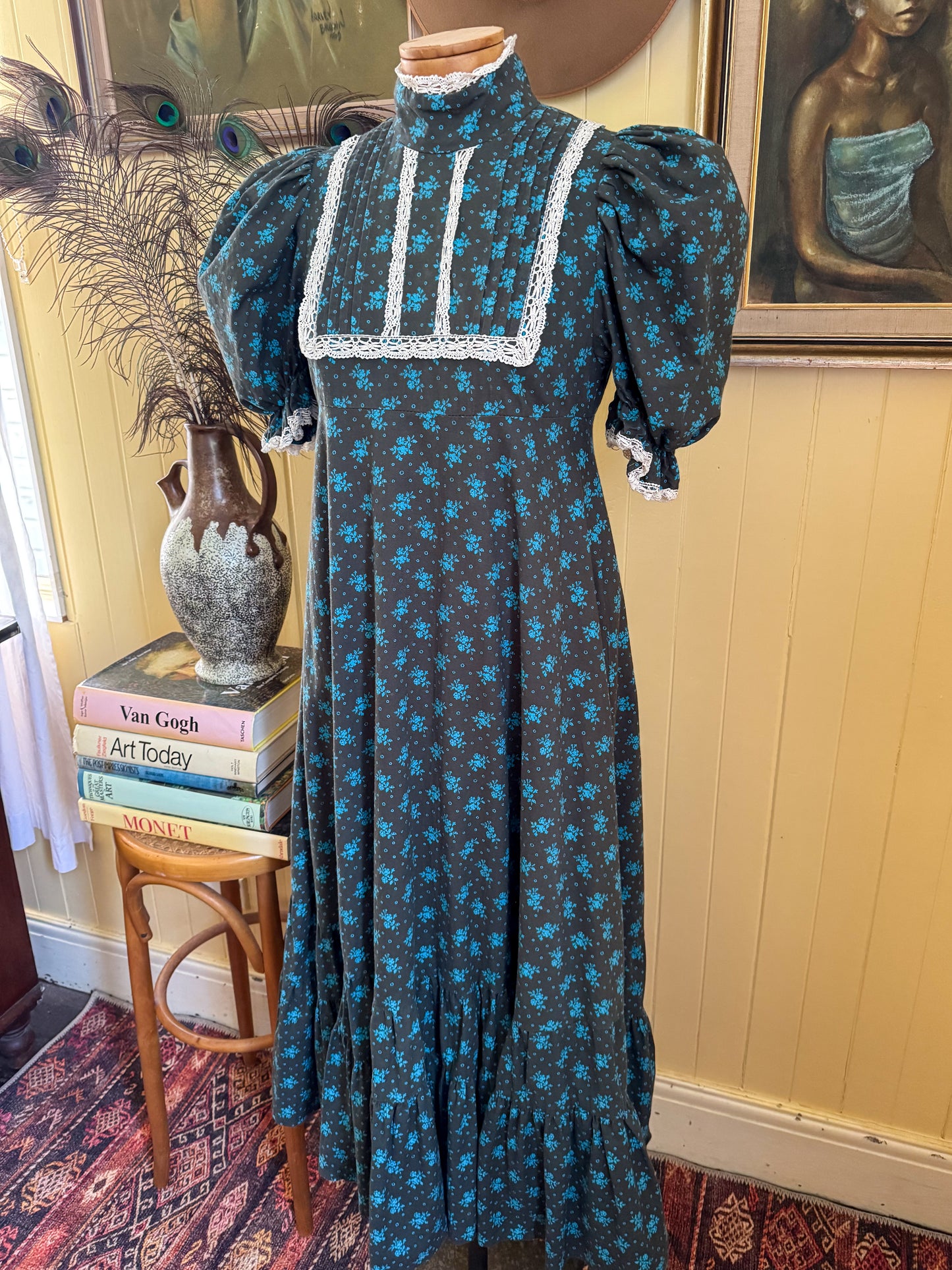 VINTAGE 1970S RARE LAURA ASHLEY WALES COTTON PRAIRIE MIDI DRESS S