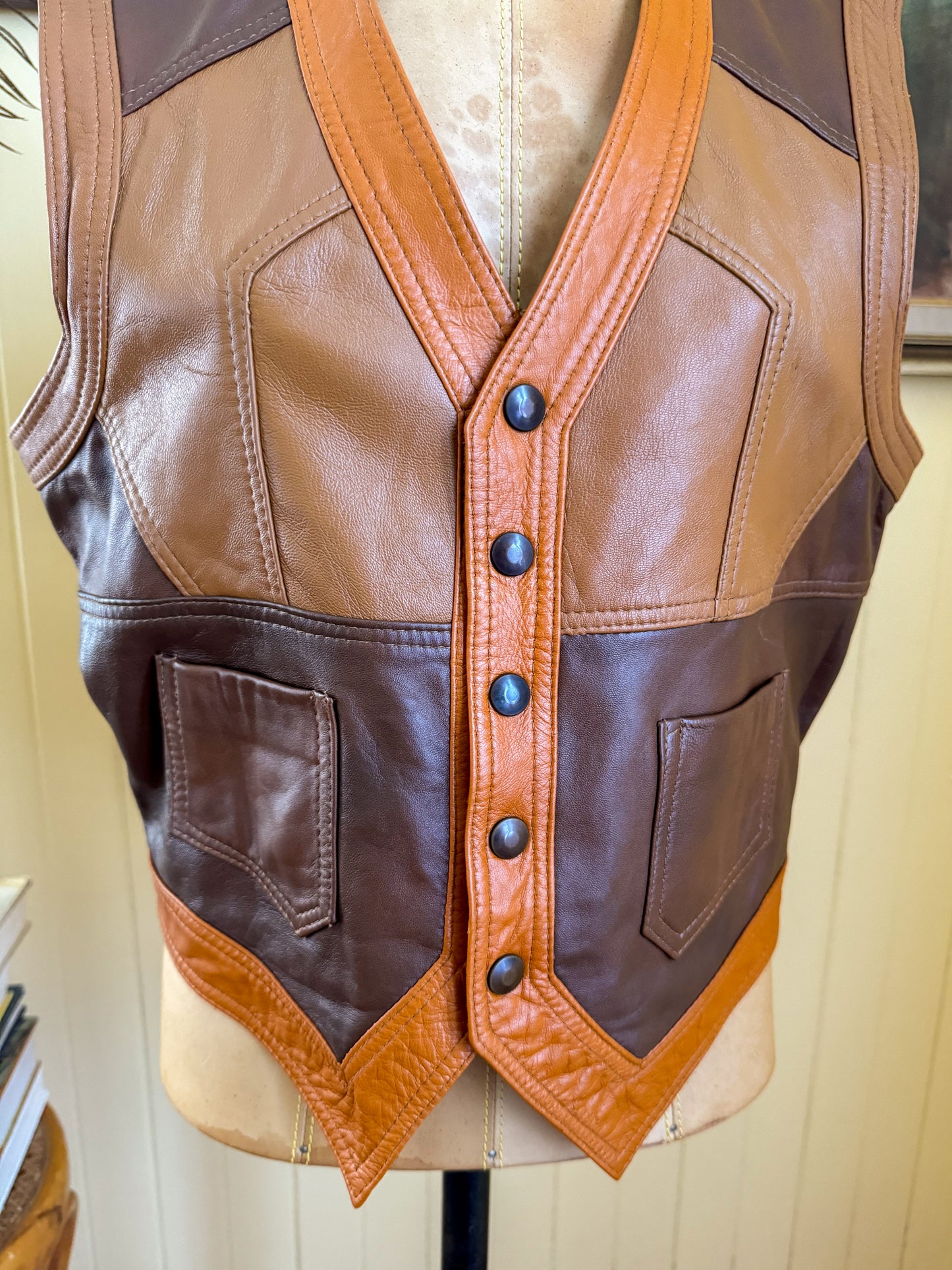 VINTAGE 1970S STEPHEN DATTNER PATCHWORK LEATHER WAISTCOAT VEST S/M