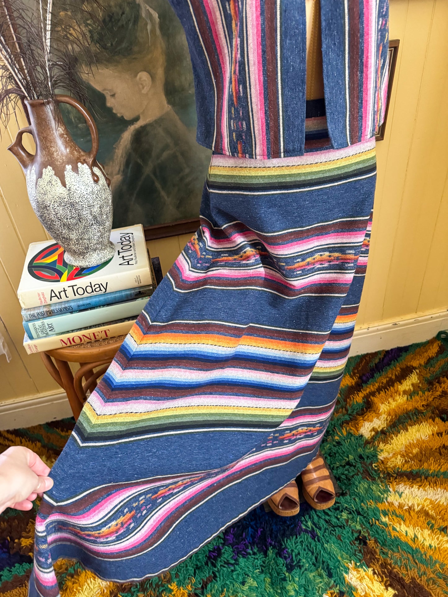 VINTAGE 1970S DANISH KILIM PRINT TWO PIECE TOP + MAXI SKIRT SET S