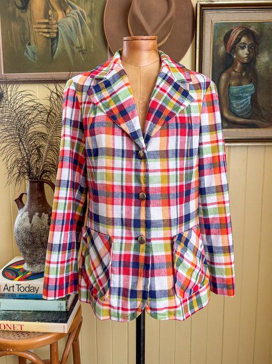 VINTAGE 1970S VIRGO COTTON PLAID DAGGER COLLAR BLAZER JACKET M