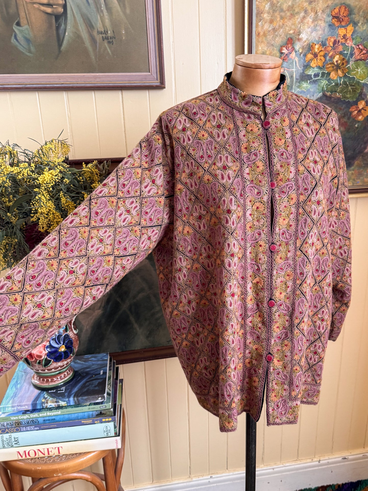 VINTAGE KASHMIR INDIAN PURE WOOL EMBROIDERED BUTTON THROUGH JACKET L