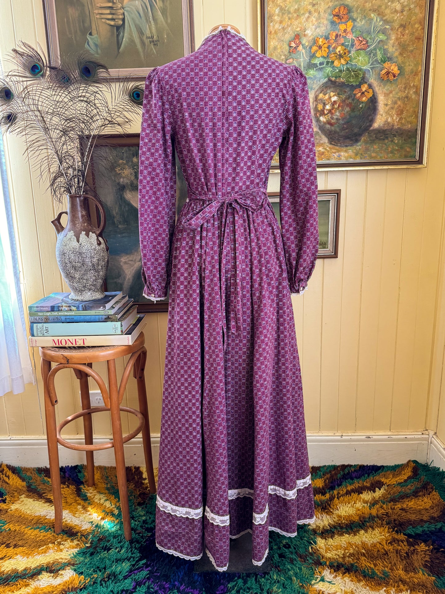 VINTAGE 1970S GUNNE SAX COTTON FLORAL PRINT LACE PRAIRIE MAXI DRESS S/M