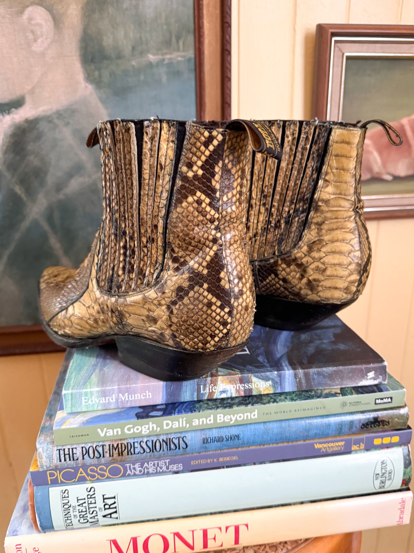 VINTAGE LA GRAN BOTA MEXICAN EXOTIC PYTHON SNAKESKIN LEATHER WESTERN ANKLE BOOTS 9.5/10