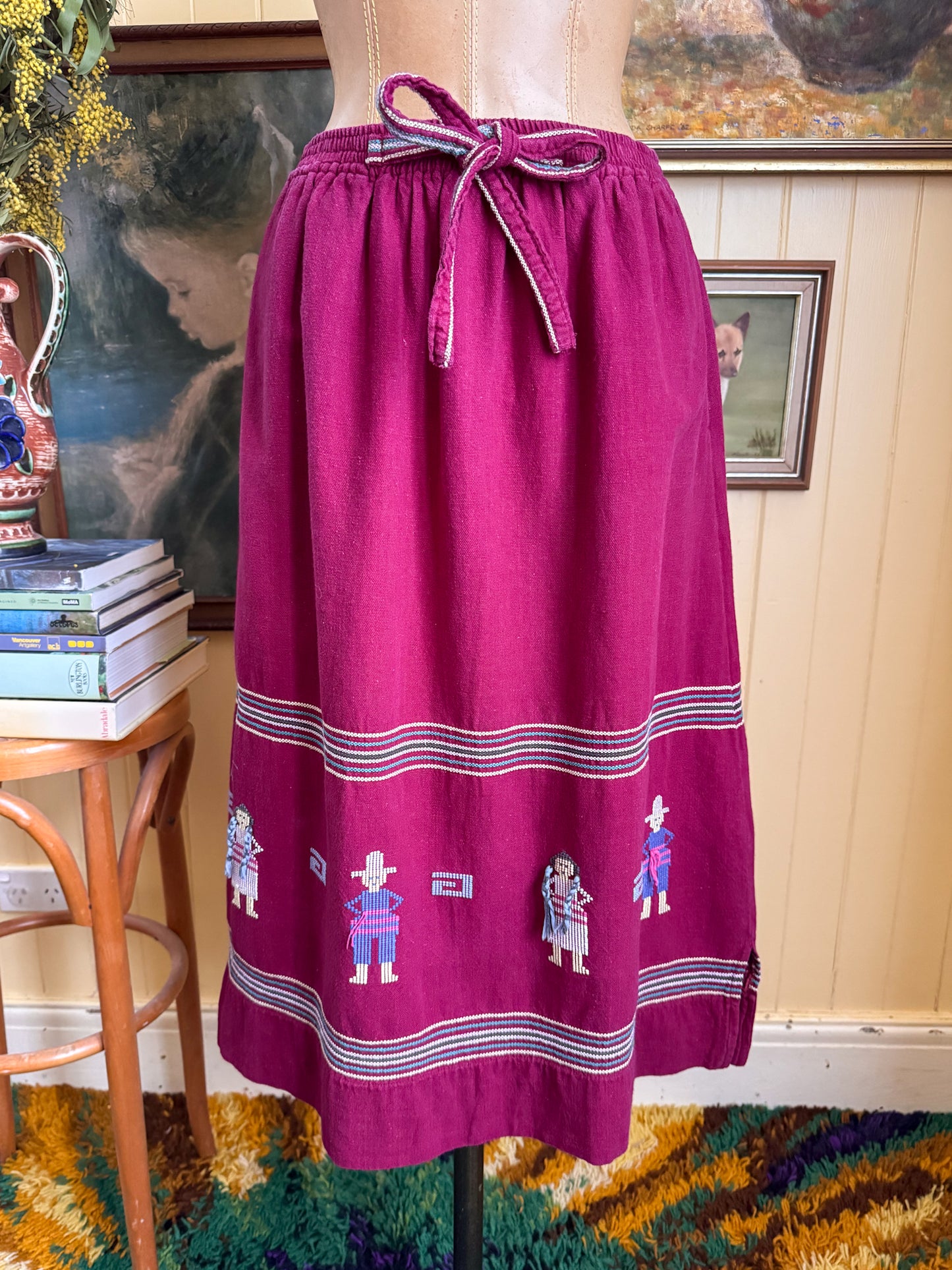VINTAGE 1980S FERNANDOS GUATEMALAN HAND WOVEN COTTON EMBROIDERED SKIRT S/M