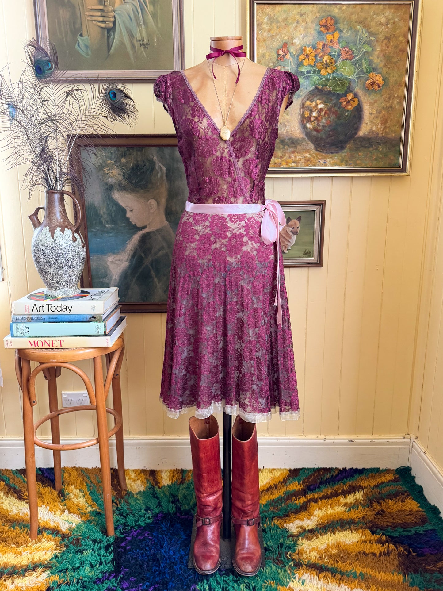 VINTAGE 1990S AUSTRALIAN REVIEW SHEER LACE TULLE RIBBON MIDI DRESS S