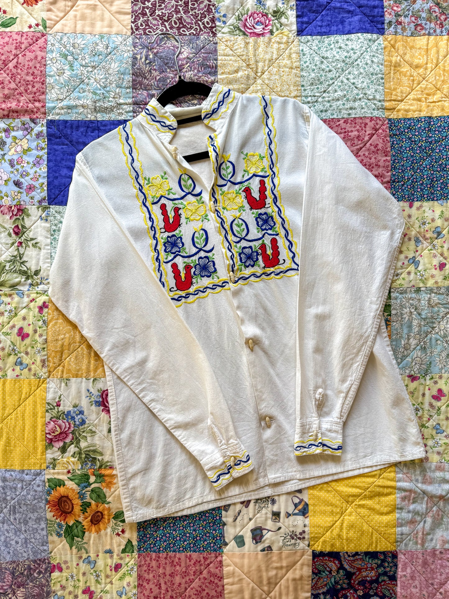 VINTAGE 1970S MEXICAN COTTON EMBROIDERED BUTTON THROUGH SHIRT M