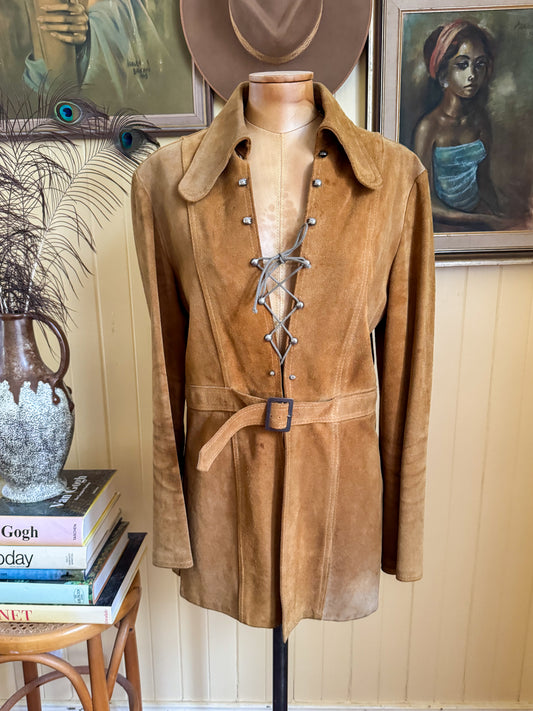 VINTAGE 1970S TAN SUEDE LEATHER LACE UP TAILORED JACKET S