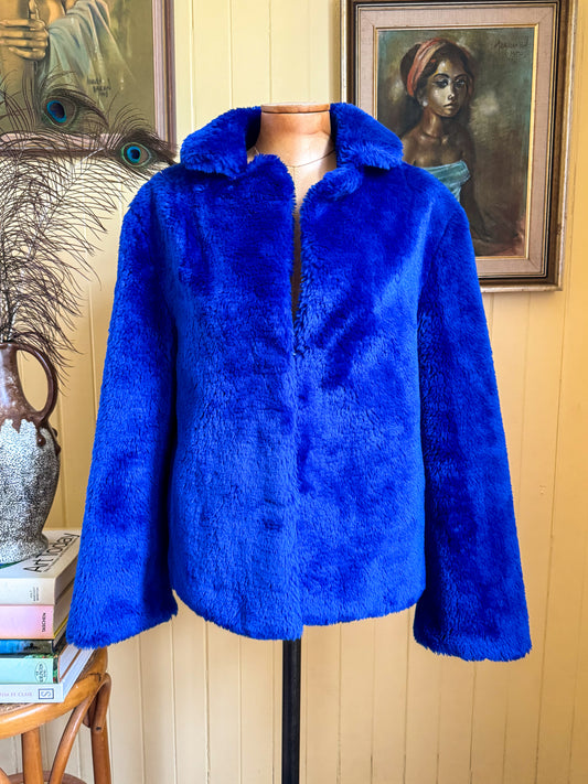 VINTAGE 1970S ELECTRIC BLUE FAUX FUR CROPPED JACKET M/L