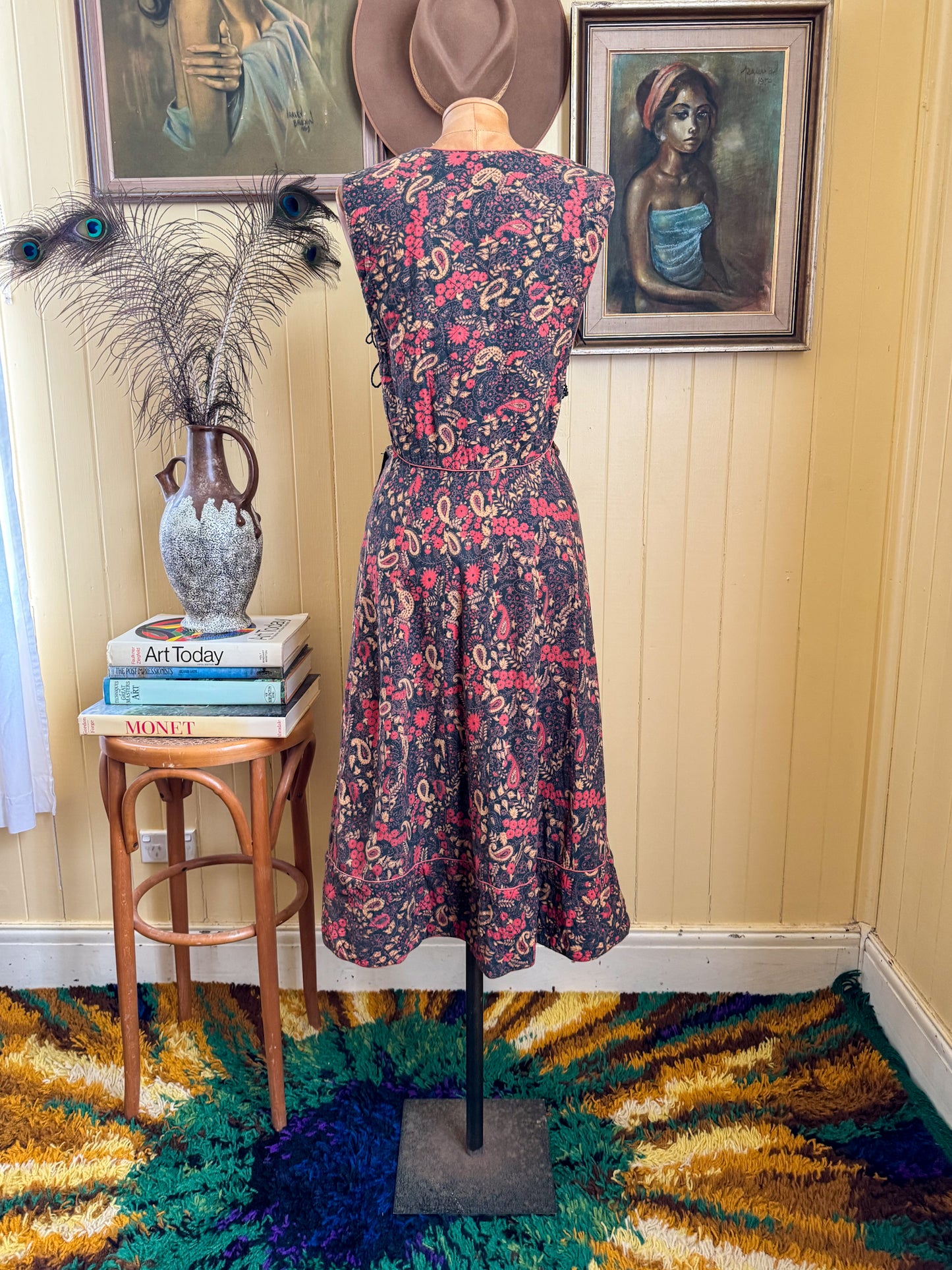 VINTAGE 1970S ORIENTIQUE INDIAN COTTON BLOCK PRINTED PINAFORE MIDI DRESS S
