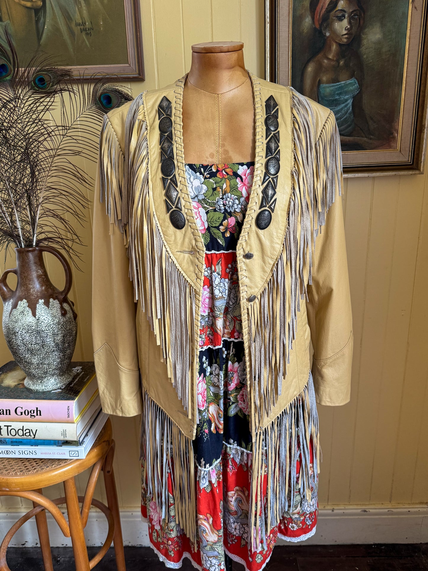 VINTAGE 1980S PIONEER WEAR LEATHER FRINGED WESTERN JACKET S/M