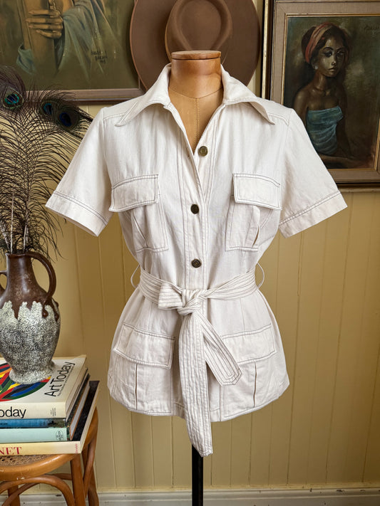VINTAGE 1970S OFF WHITE COTTON DRILL FITTED SAFARI SHIRT JACKET S/M