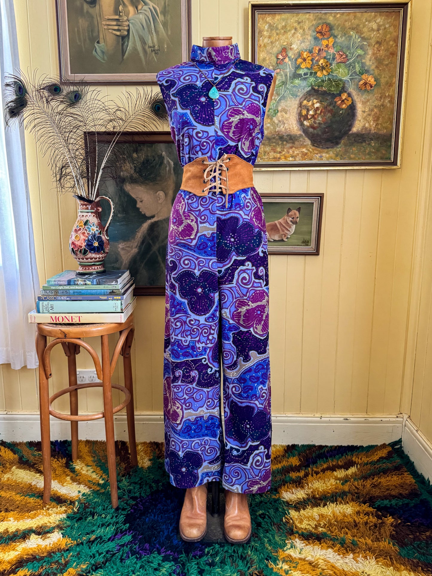 VINTAGE 1970S TRICEL PSYCHEDELIC PRINT WIDE LEG JUMPSUIT M/L