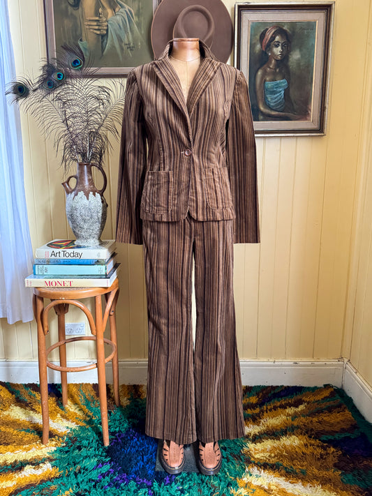 VINTAGE 1990S AUSTRALIAN WISH PINSTRIPE CORDUROY JACKET AND PANT SUIT SET S/M