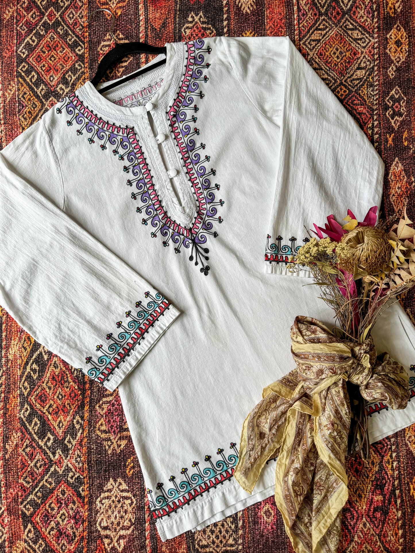 VINTAGE 1970S PAKISTANI COTTON EMBROIDERED TUNIC BLOUSE S