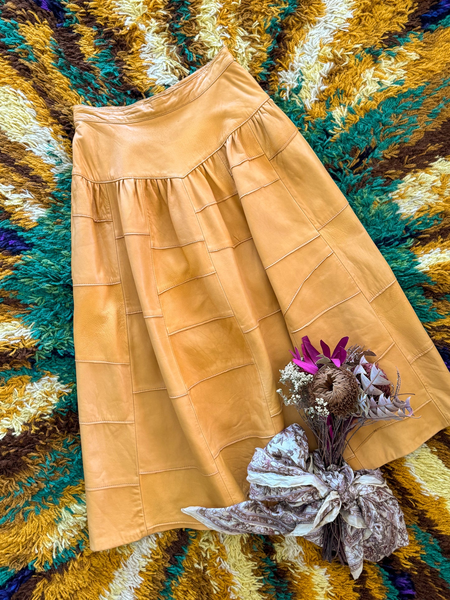 VINTAGE 1980S DRESKE SOMOFF YELLOW LEATHER PATCHWORK MIDI SKIRT XS