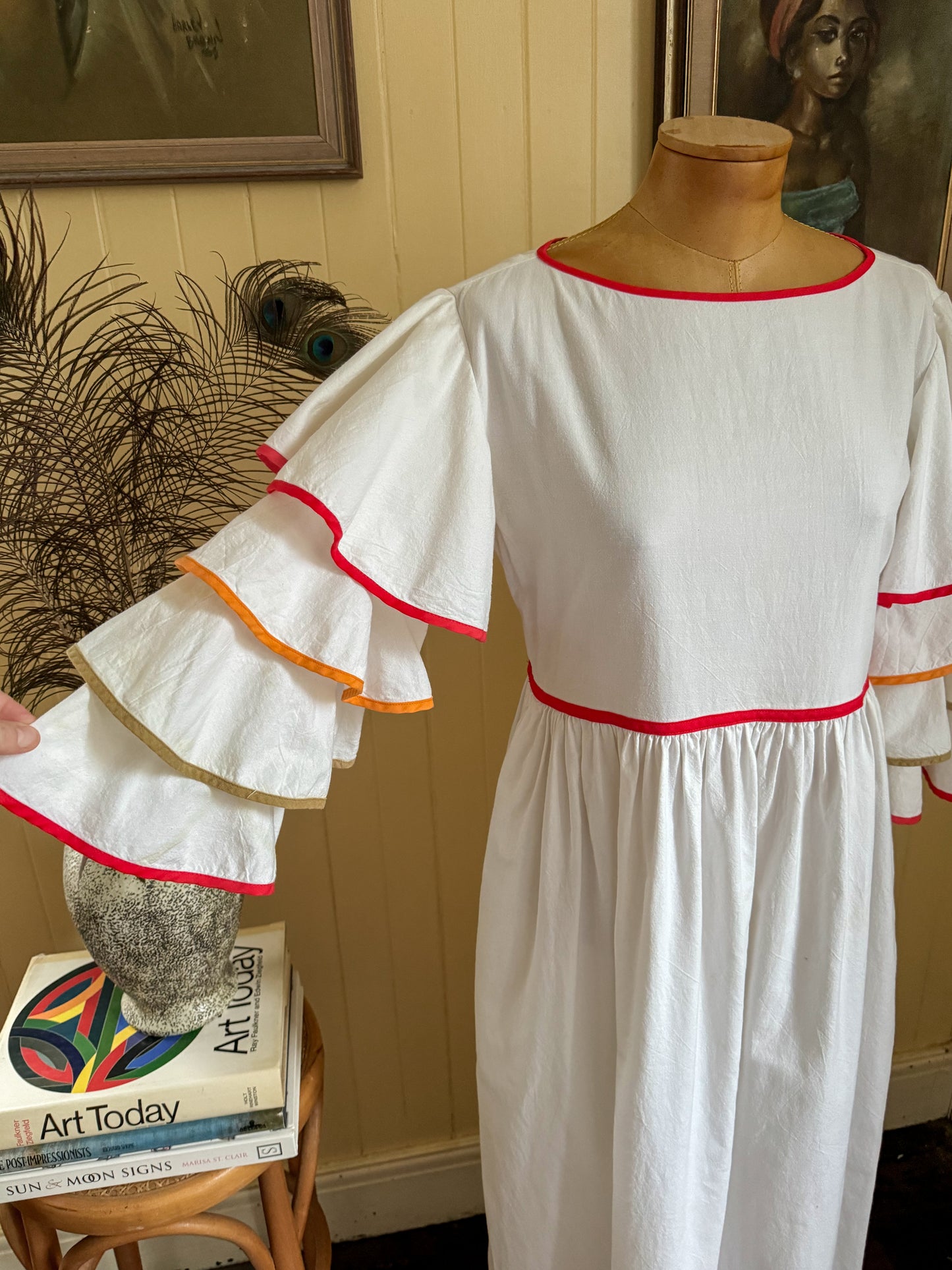 VINTAGE 1970S PATTI CAPPALLI COTTON RUFFLED SLEEVE PRAIRIE MAXI DRESS S