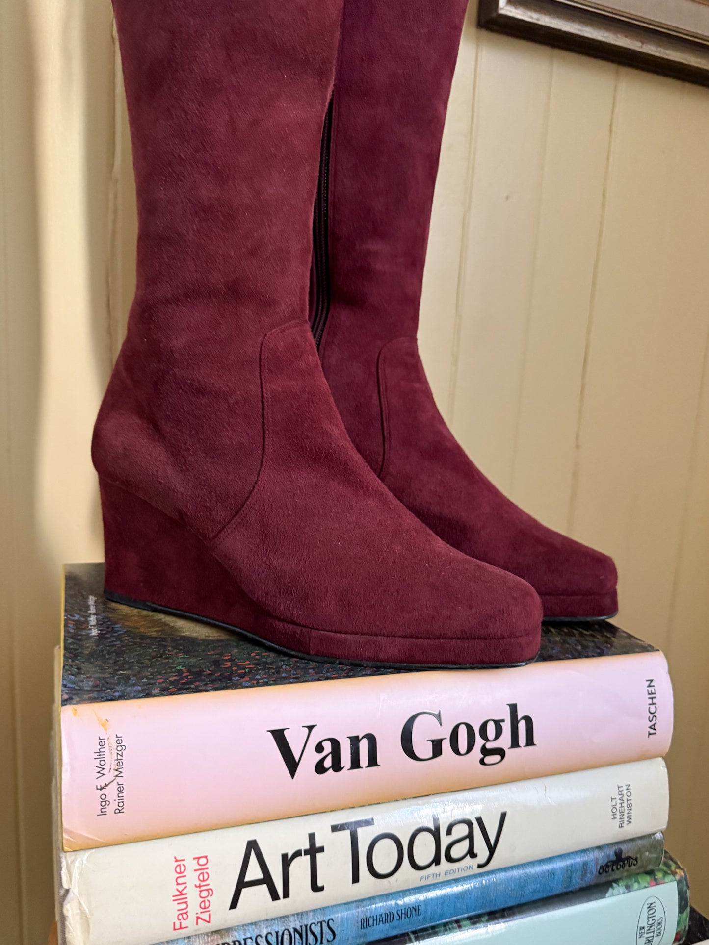 VINTAGE 1990S RARE BIBA PLUM SUEDE LEATHER KNEE HIGH WEDGE BOOTS 37/6