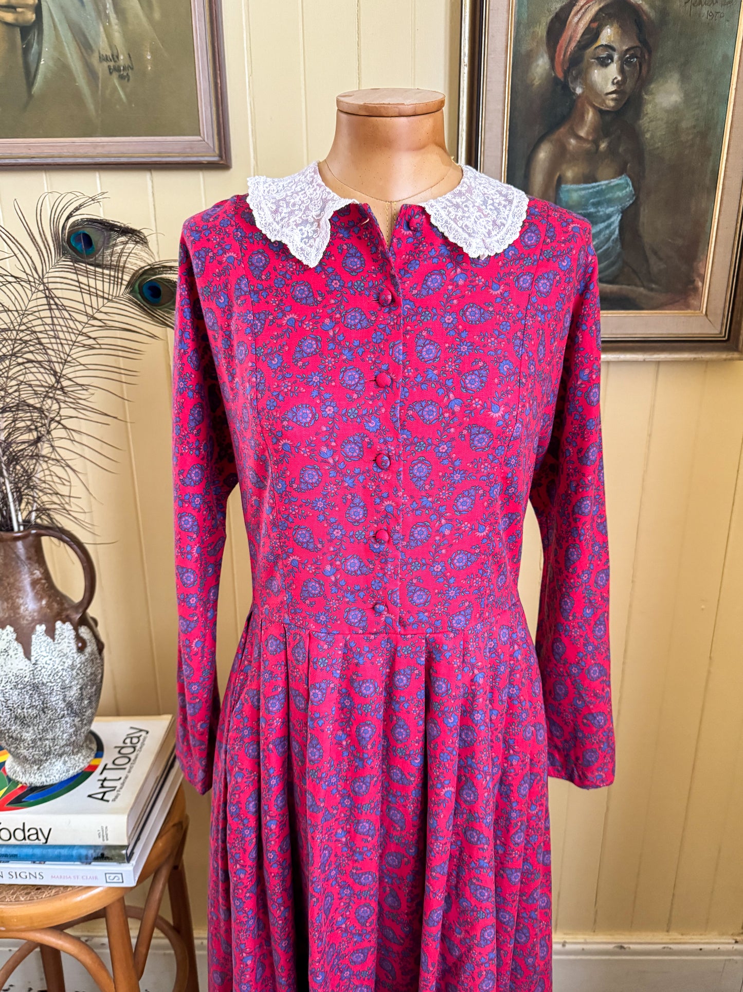 VINTAGE 1990S LAURA ASHLEY BRUSHED COTTON LACE COLLAR PRAIRIE DRESS S