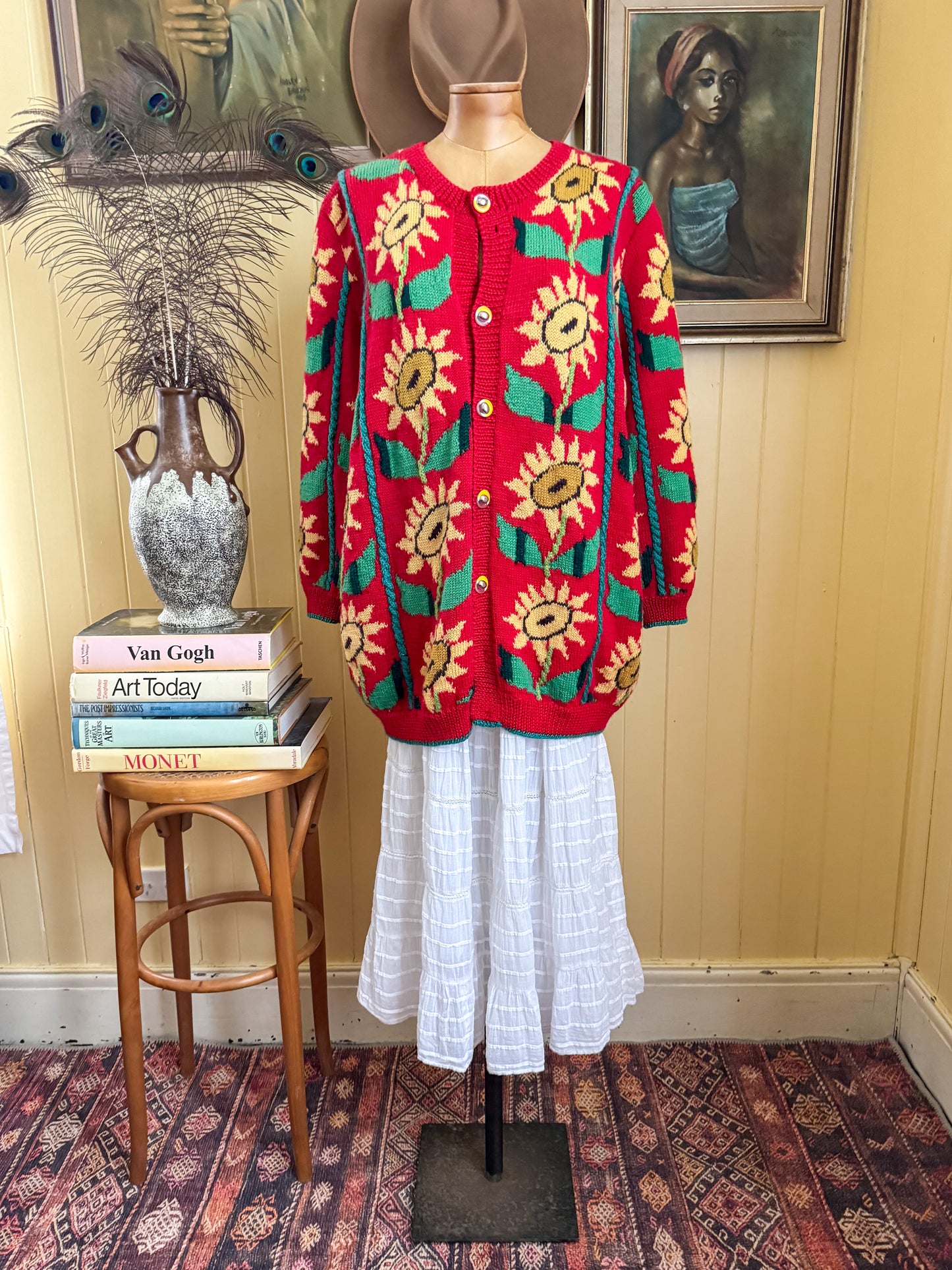 VINTAGE HAND KNITTED ACRYLIC SUNFLOWER MOTIF OVERSIZED CARDIGAN L/XL