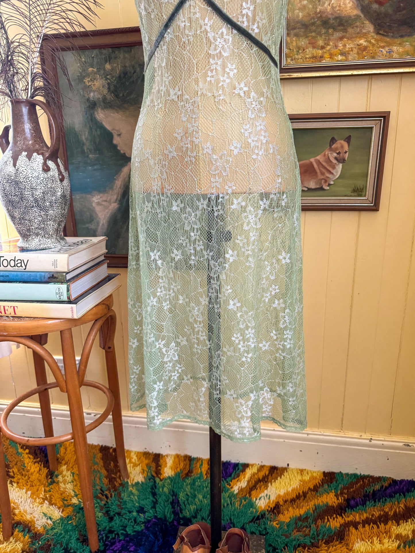 VINTAGE 1990S AUSTRALIAN REVIEW SHEER LACE VELVET TRIM MIDI DRESS S/M