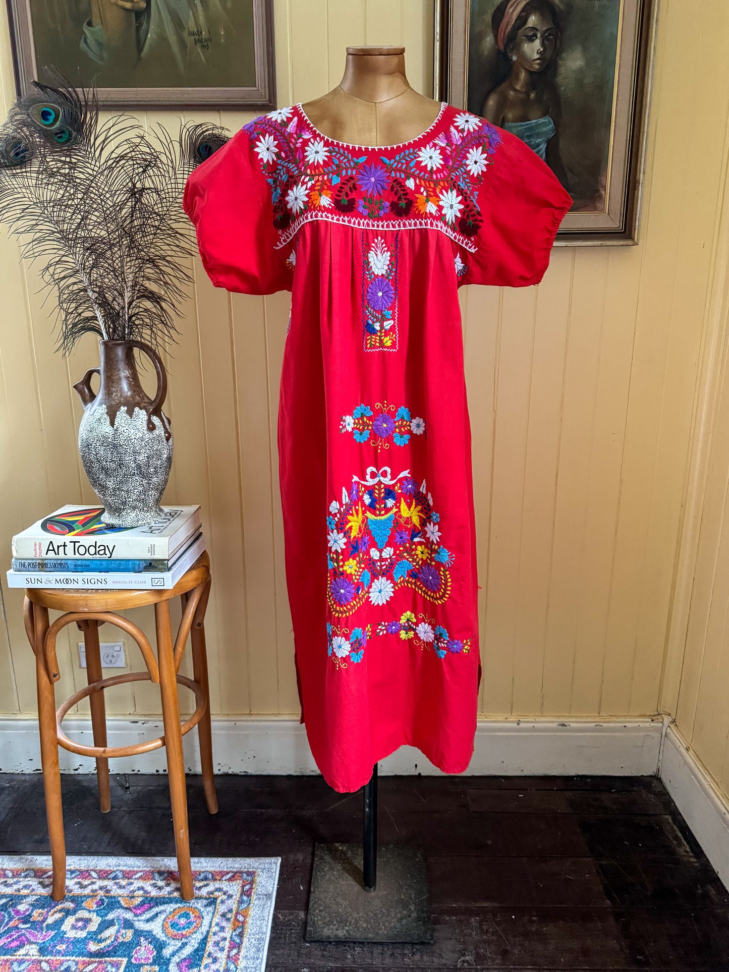 VINTAGE 1980S MEXICAN COTTON EMBROIDERED SMOCK MIDI DRESS S/M