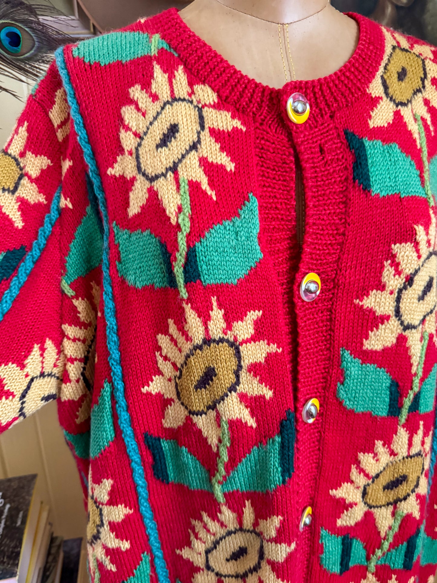 VINTAGE HAND KNITTED ACRYLIC SUNFLOWER MOTIF OVERSIZED CARDIGAN L/XL