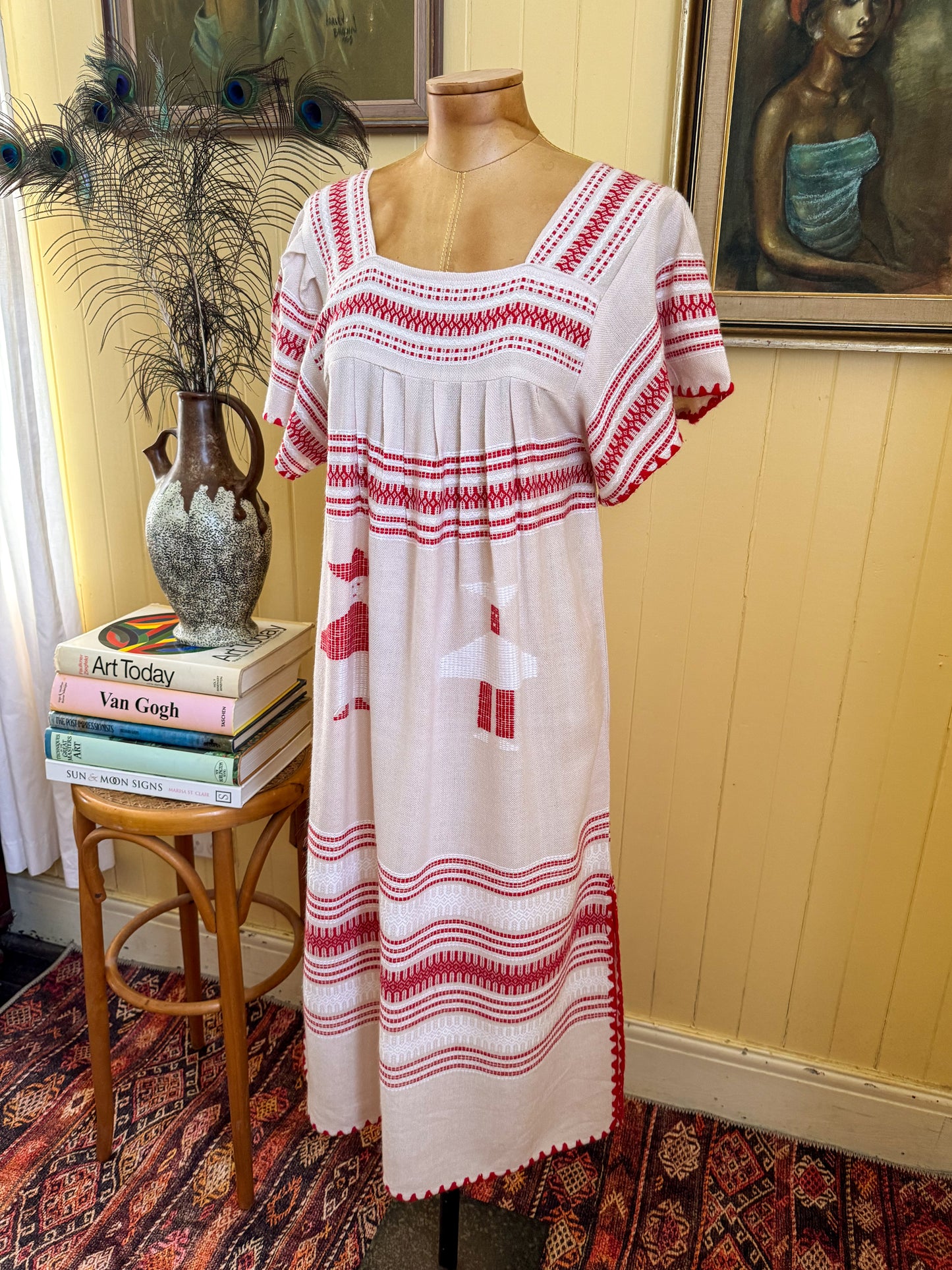 VINTAGE 1990S MEXICAN EMBROIDERED HUIPIL MIDI SMOCK DRESS S/M