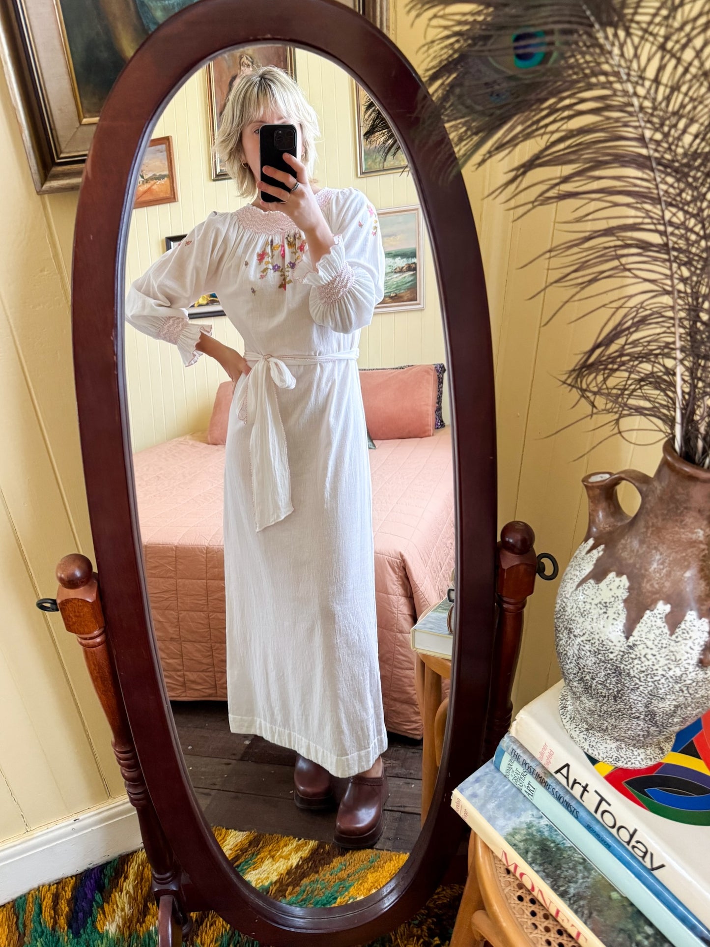 VINTAGE 1970S COTTON CHEESECLOTH EMBROIDERED PEASANT MAXI DRESS S/M