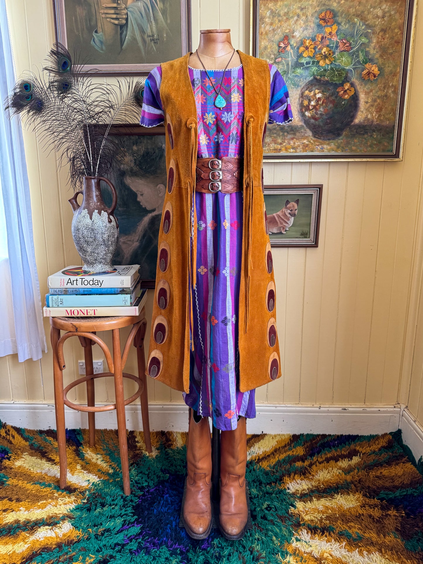 HANDMADE MEXICAN STRIPED WOVEN COTTON EMBROIDERED HUIPIL DRESS S/M/L