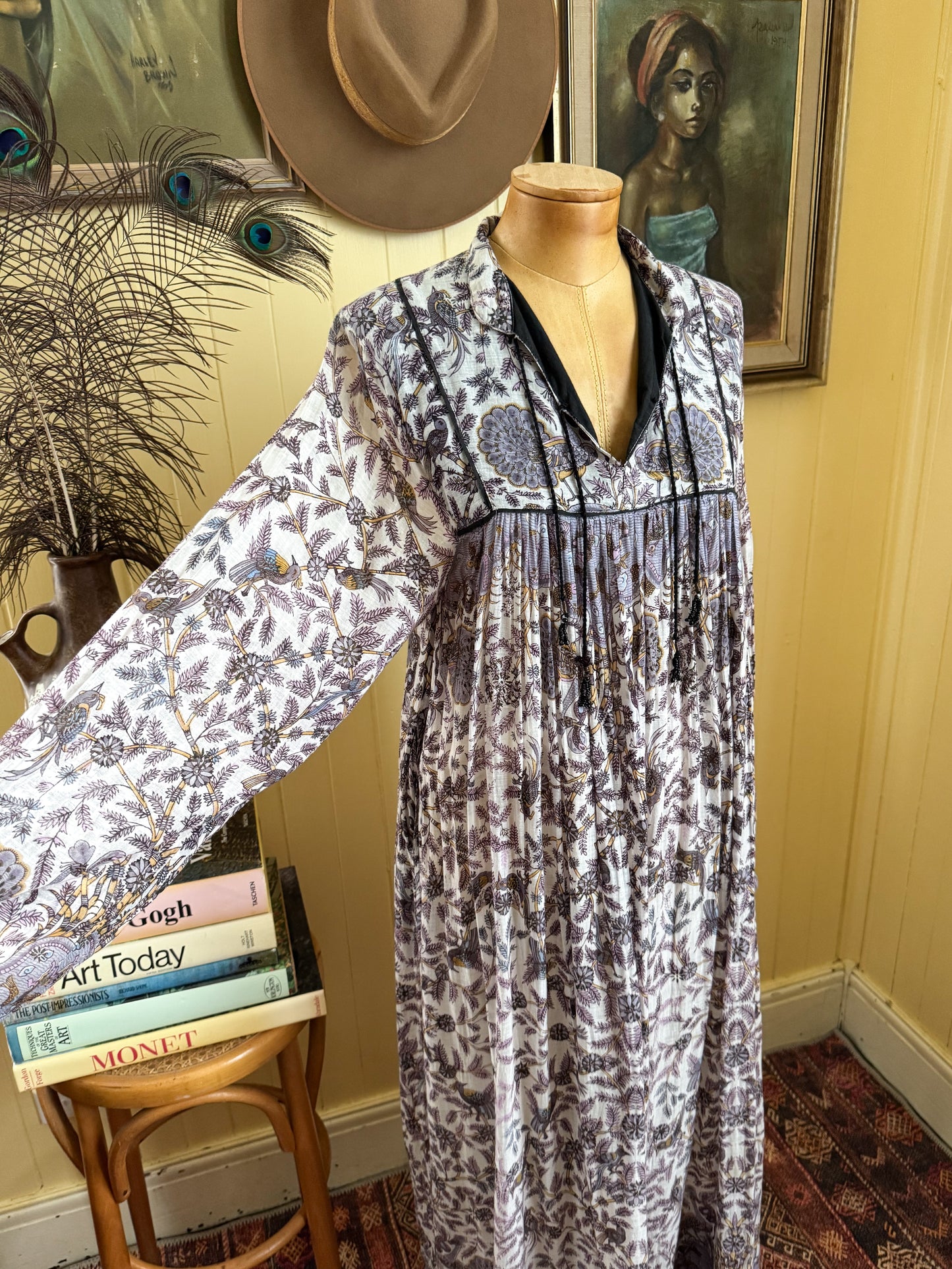 VINTAGE 1970S INDIAN COTTON GAUZE BLOCK PRINT MIDI DRESS S/M