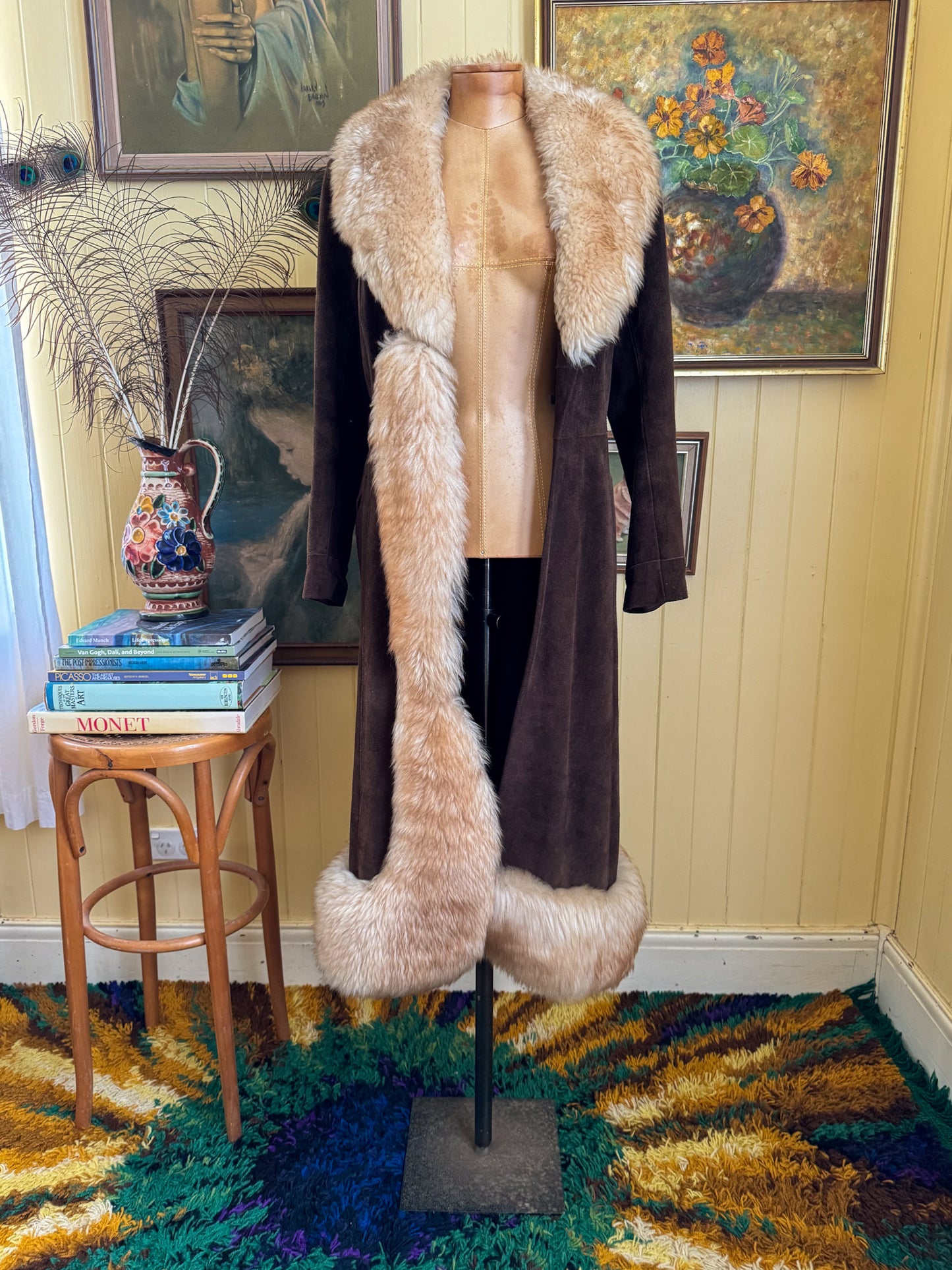 VINTAGE 1970S CHOCOLATE BROWN SUEDE LEATHER LONGLINE PENNY LANE SHEARLING COAT S